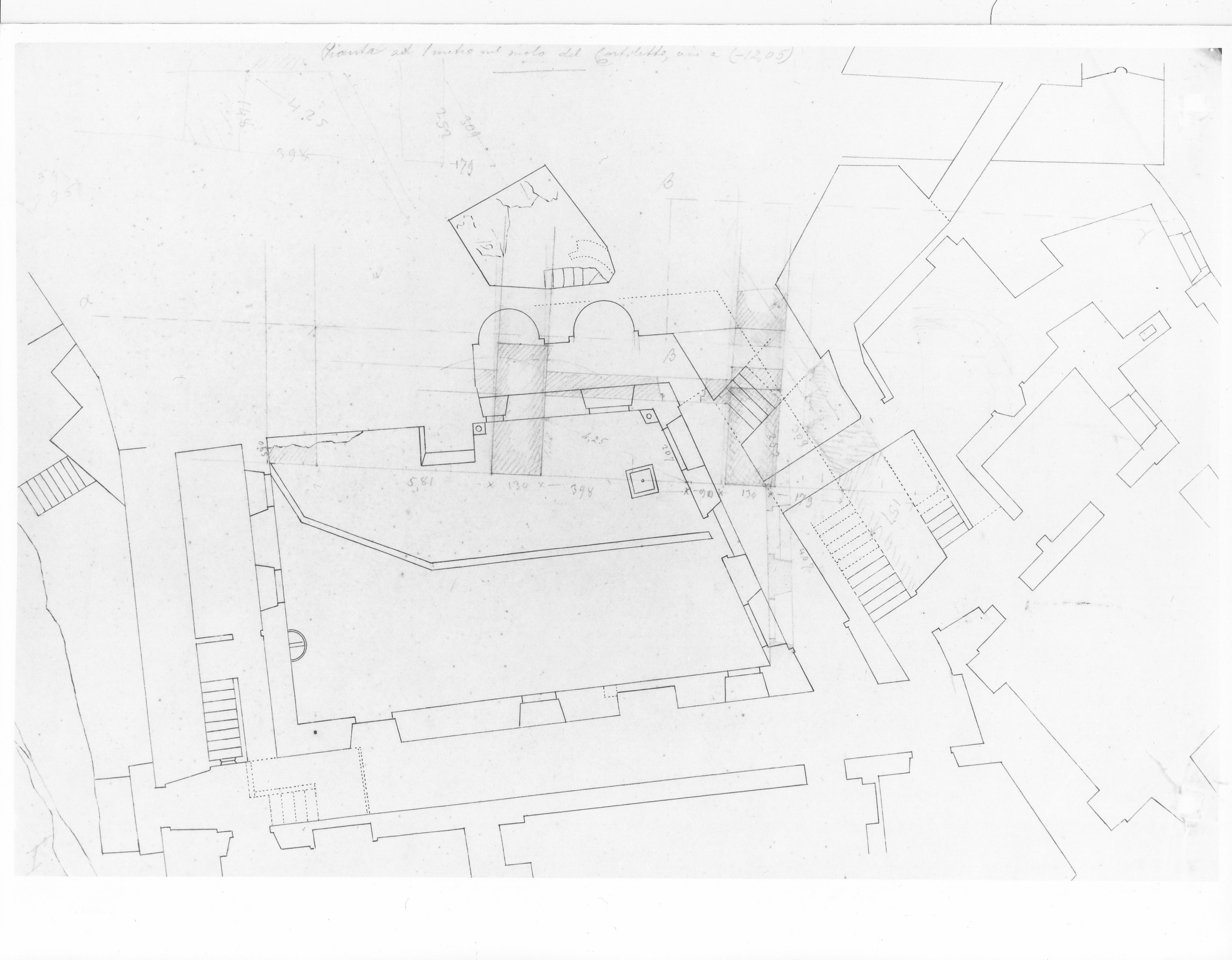 Pianta ad 1 metro sul suolo del cortiletto, cioè a (-12,05), Sacra di San Michele della Chiusa a Sant'Ambrogio di Susa (TO) (disegno architettonico) - ambito piemontese (XIX)