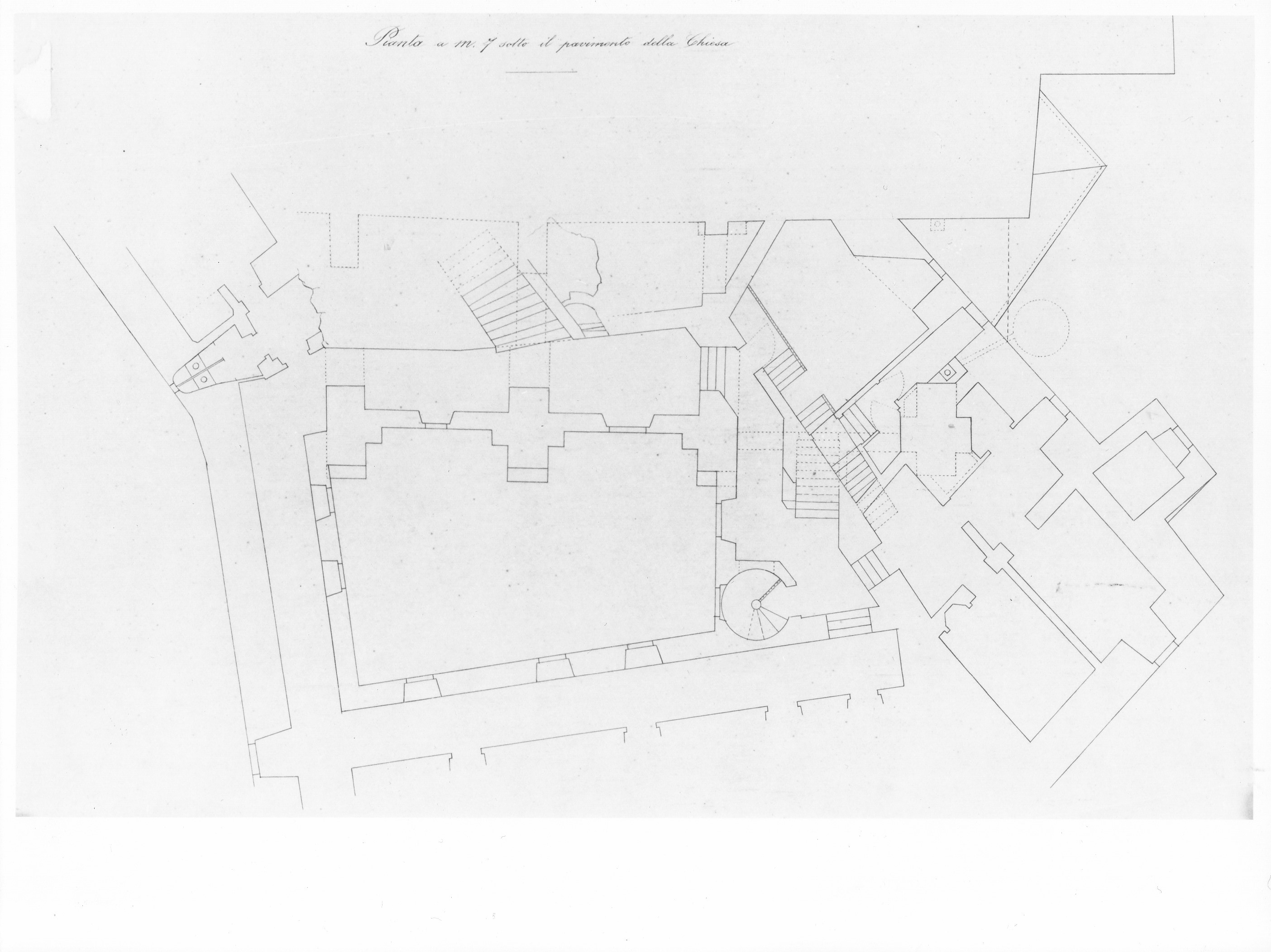 Pianta a m. 7 sotto il pavimento della Chiesa, Sacra di San Michele della Chiusa a Sant'Ambrogio di Susa (TO) (disegno architettonico) - ambito piemontese (XIX)
