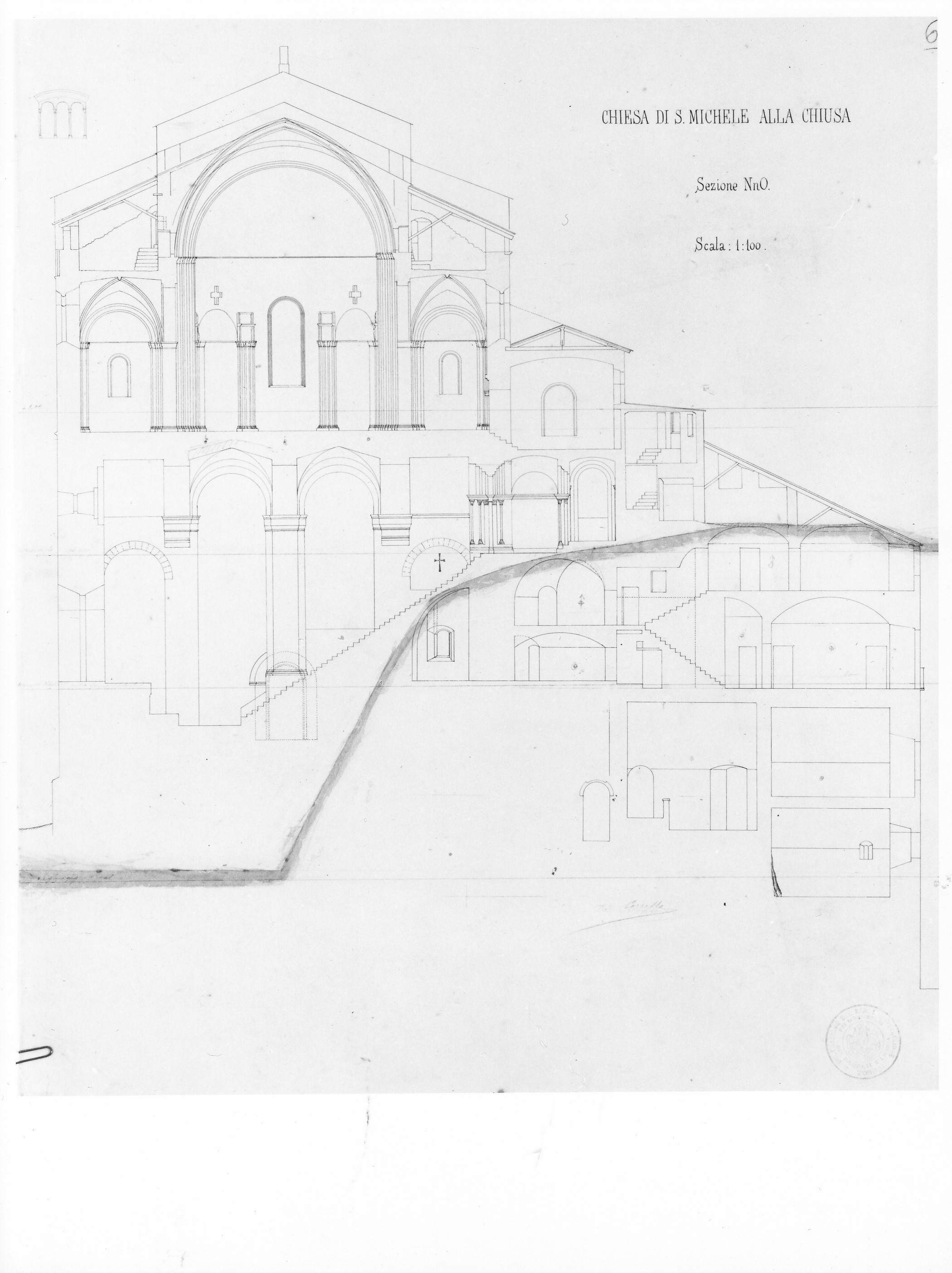 CHIESA DI S. MICHELE ALLA CHIUSA. Sezione NnO, Sacra di San Michele della Chiusa a Sant'Ambrogio di Susa (TO) (disegno architettonico) - ambito piemontese (XIX)