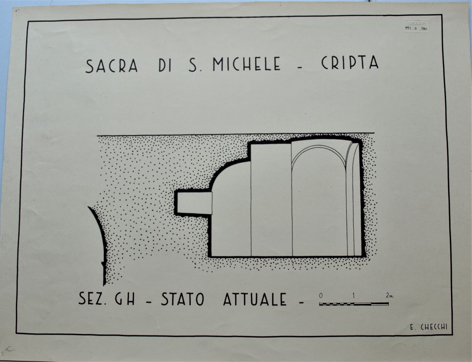 Sacra di San Michele/ Cripta/ Sez. GH - Stato attuale, Sacra di San Michele a Sant'Ambrogio di Susa (TO) - Cripta. Sezione GH - Stato attuale - Scala 1:50 - E. Checchi (disegno architettonico) di Checchi Ercole (secondo quarto sec. XX)