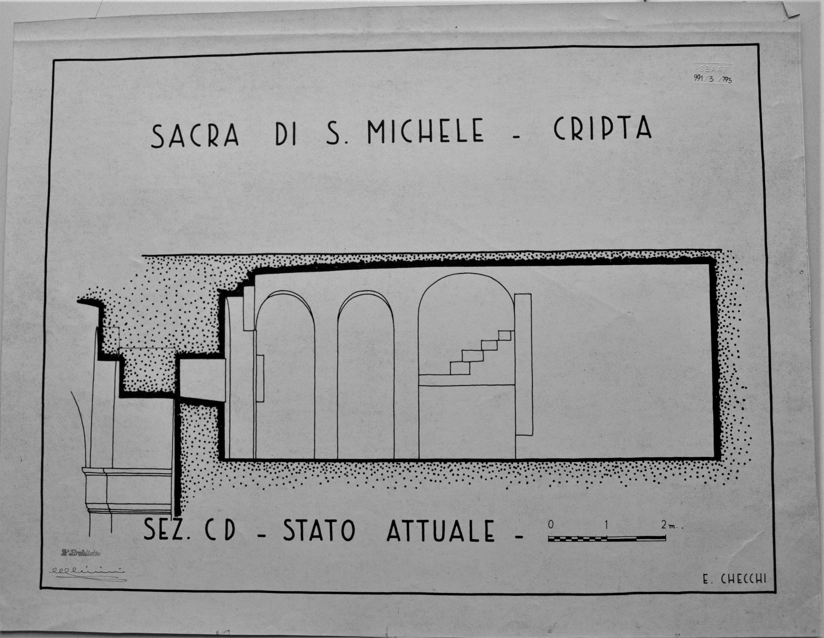 Sacra di San Michele/ Cripta/ Sez. CD - Stato attuale, Sacra di San Michele a Sant'Ambrogio di Susa (TO) - Cripta. Sezione CD - Stato attuale - scala 1:50 - E. Checchi (disegno architettonico) di Checchi Ercole (secondo quarto sec. XX)