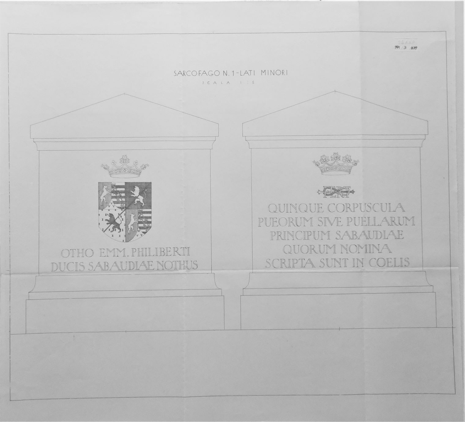 Sacra di San Michele/ Sarcofago n. 1 - Lati minori, Sacra di San Michele a Sant'Ambrogio di Susa (TO) - Sarcofago n. 1 - Lati minori - scala 1:5 (disegno) di Chierici Umberto (cerchia) (secondo quarto sec. XX)