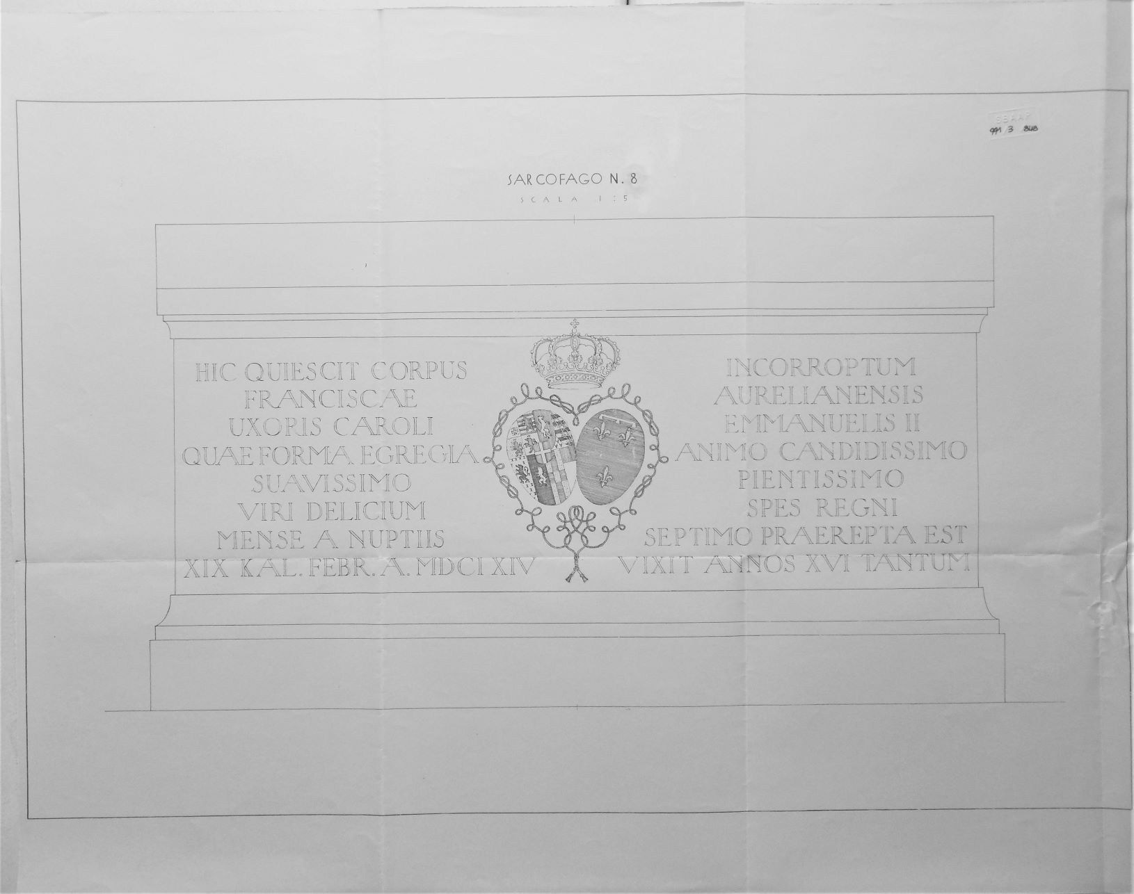 Sacra di San Michele/ Sarcofago n. 8 - scala 1:5, Sacra di San Michele a Sant'Ambrogio di Susa (TO) - Sarcofago n. 8 - scala 1:5 (disegno) di Chierici Umberto (cerchia) (secondo quarto sec. XX)