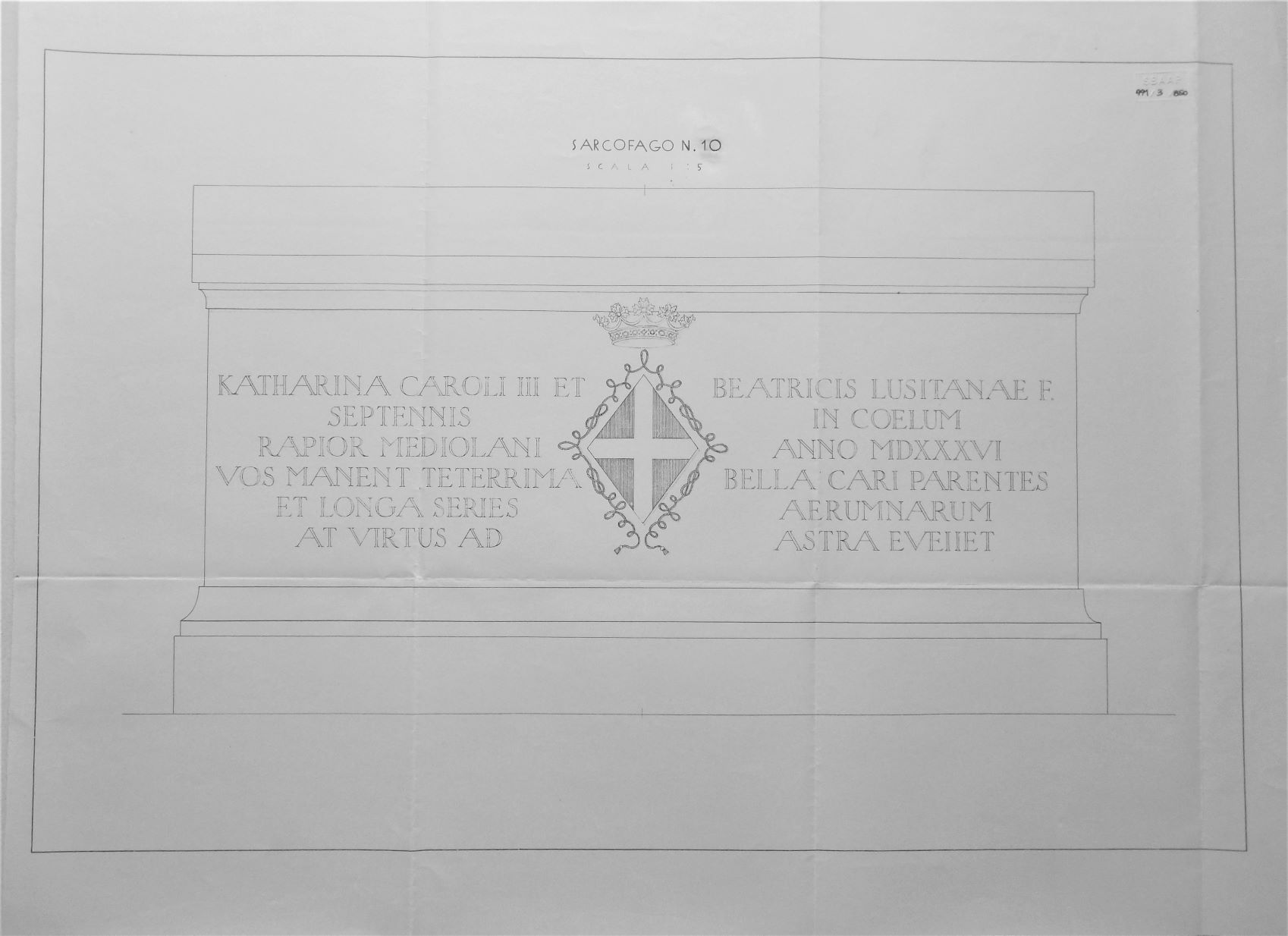 Sacra di San Michele/ Sarcofago n. 10 - scala 1:5, Sacra di San Michele a Sant'Ambrogio di Susa (TO) - Sarcofago n. 10 - scala 1:5 (disegno) di Chierici Umberto (cerchia) (secondo quarto sec. XX)