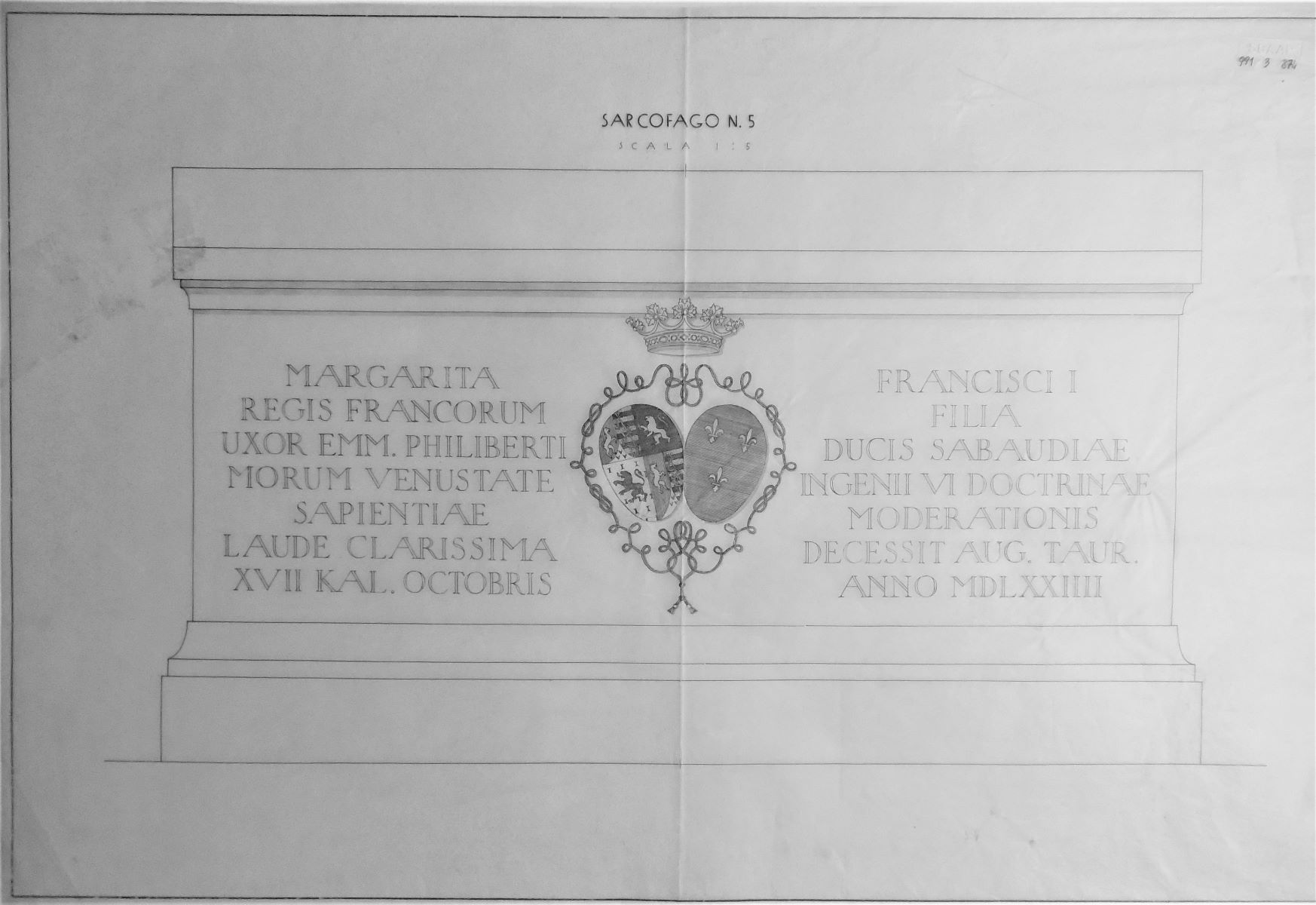 Sacra di San Michele/ Sarcofago n. 5 - scala 1:5, Sacra di San Michele a Sant'Ambrogio di Susa (TO) - Sarcofago n. 5 - scala 1:5 (disegno) di Chierici Umberto (cerchia) (secondo quarto sec. XX)