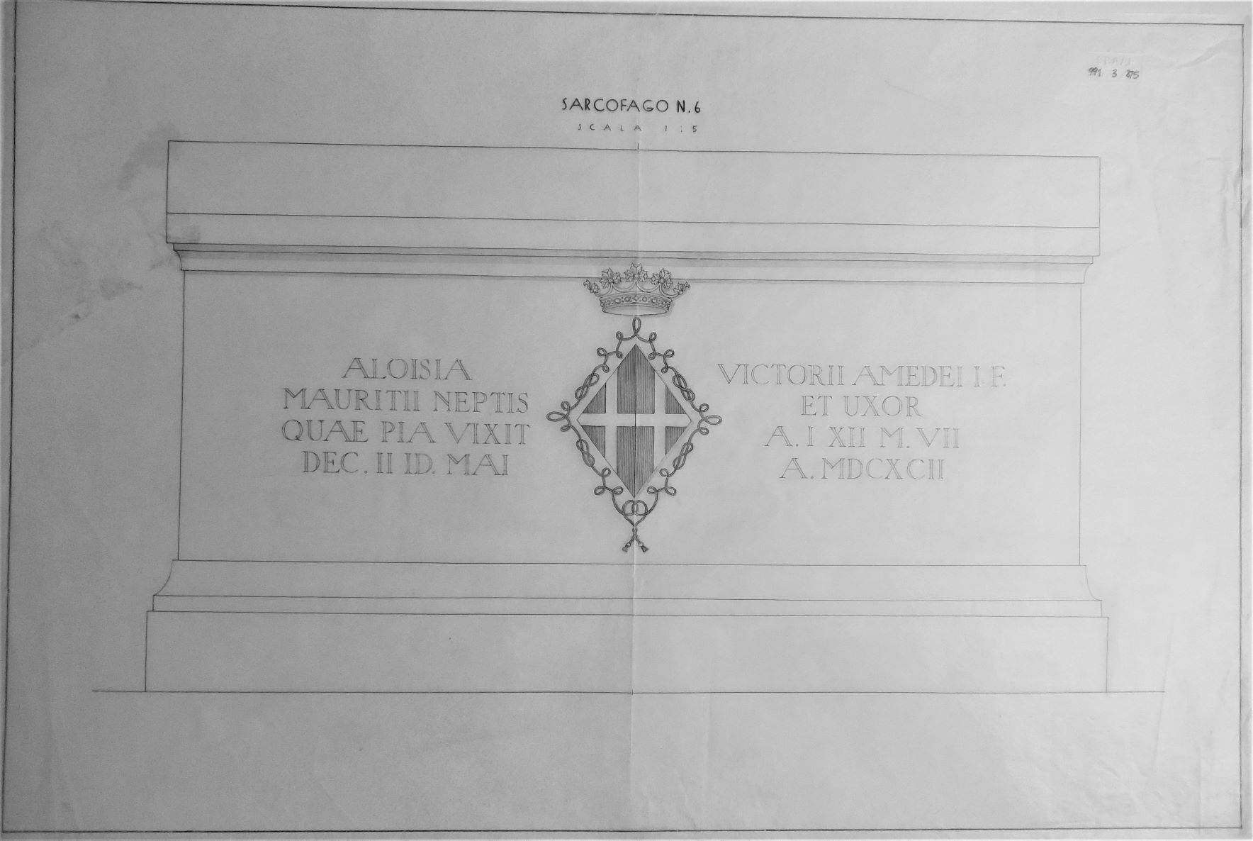 Sacra di San Michele/ Sarcofago n. 6 - scala 1:5, Sacra di San Michele a Sant'Ambrogio di Susa (TO) - Sarcofago n. 6 - scala 1:5 (disegno) di Chierici Umberto (cerchia) (secondo quarto sec. XX)