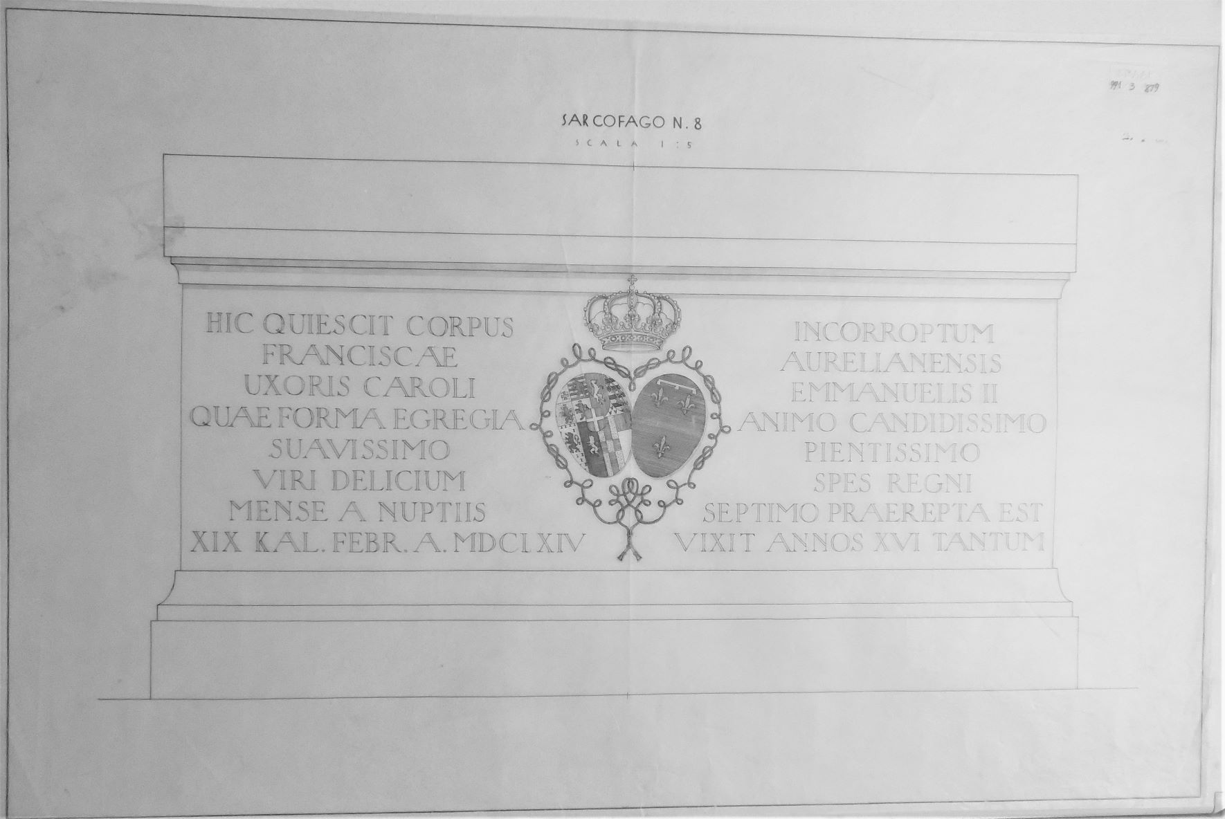 Sacra di San Michele/ Sarcofago n. 8 - scala 1:5, Sacra di San Michele a Sant'Ambrogio di Susa (TO) - Sarcofago n. 8 - scala 1:5 (disegno) di Chierici Umberto (cerchia) (secondo quarto sec. XX)