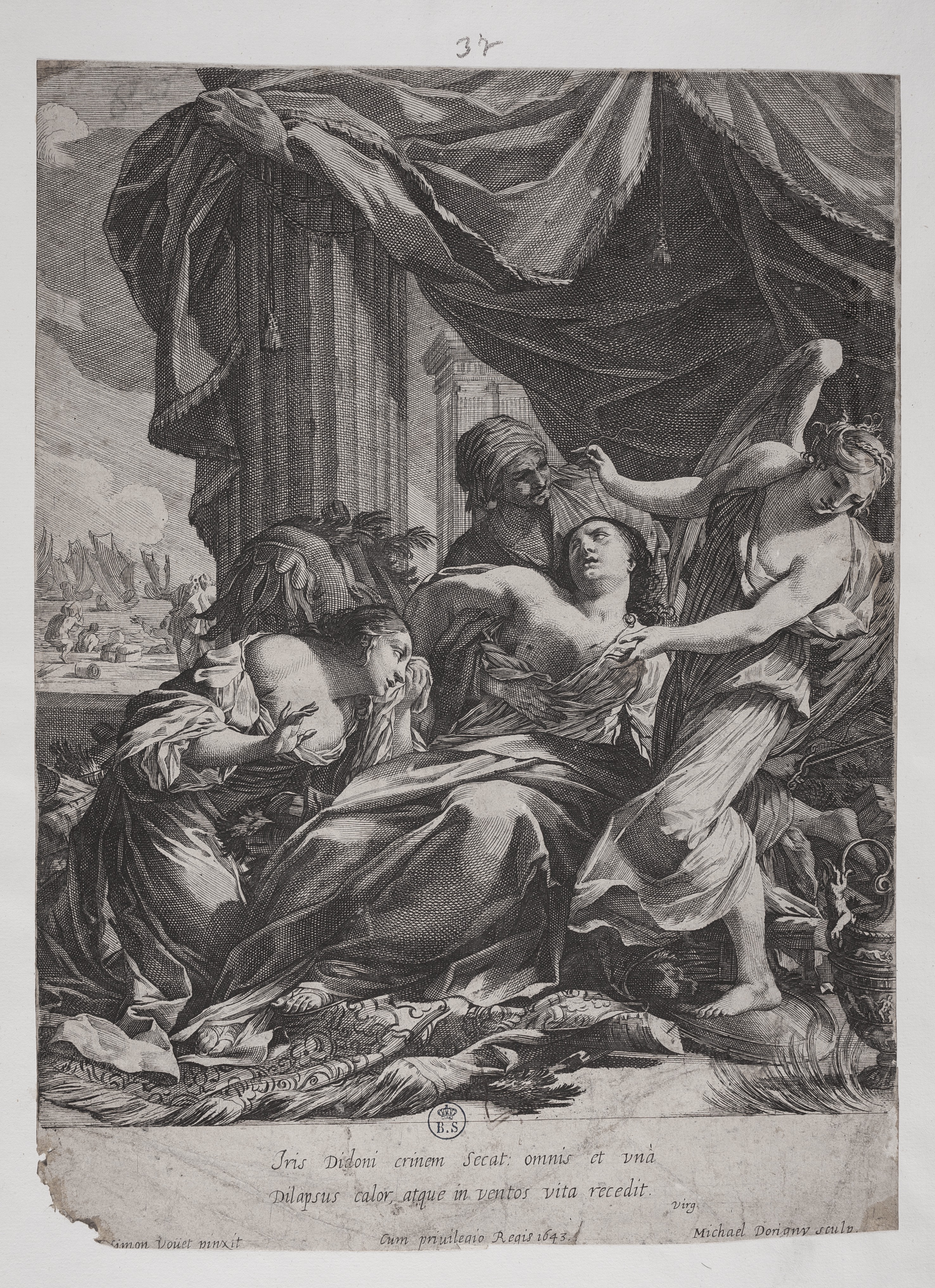 La morte di Didone, La morte di Didone (stampa controfondata smarginata tagliata) di Simon Vouet, Dorigny Michel (secondo quarto XVII)