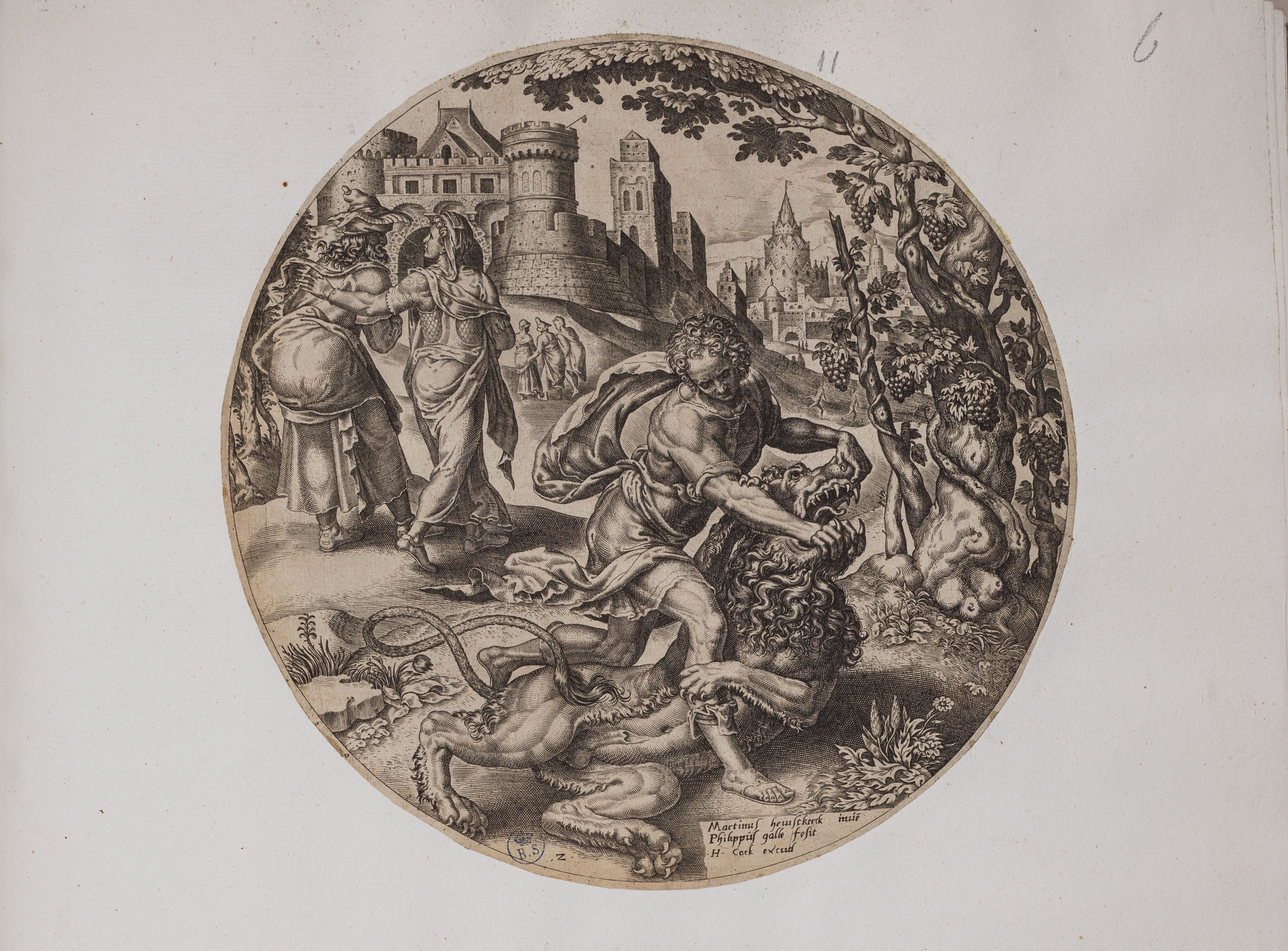 Sansone smascella il leone (stampa controfondata smarginata, serie) di Heemskerck Marten van, Galle Philips (seconda metà XVI)