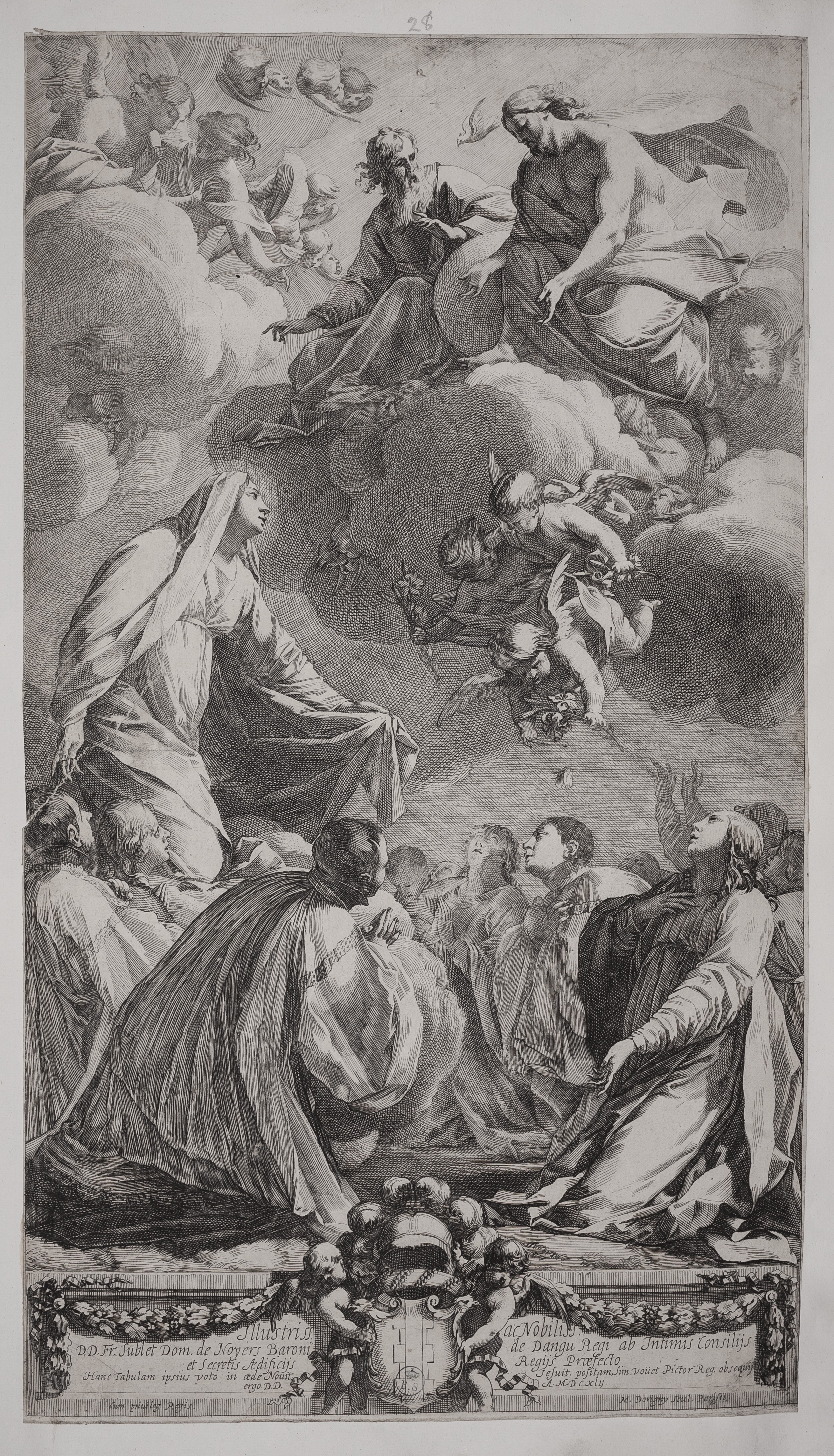 Madonna dei Gesuiti, Madonna prende l'ordine dei Gesuiti sotto la sua protezione (stampa controfondata smarginata) di Simon Vouet, Dorigny Michel (secondo quarto XVII)