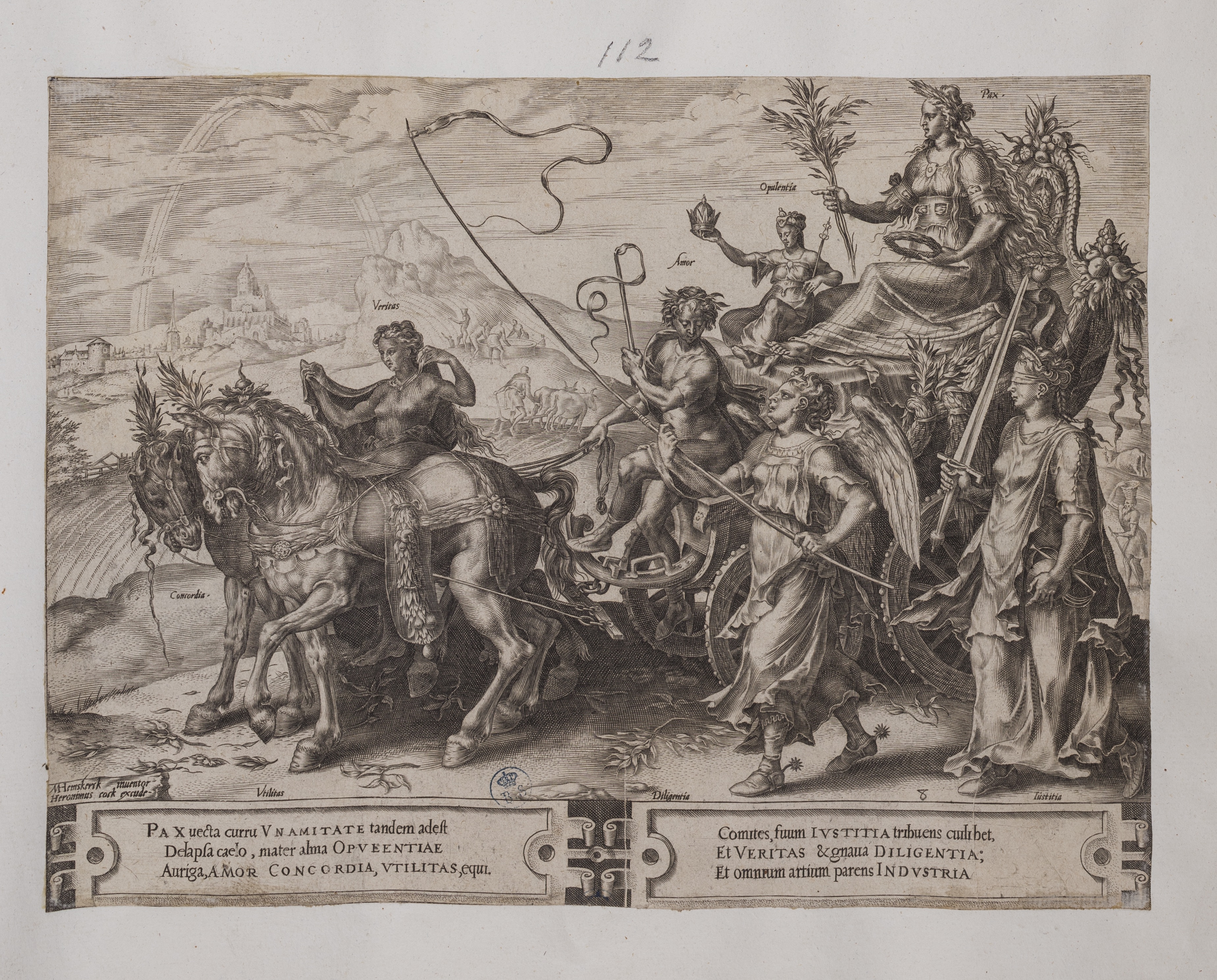 Trionfo della Pace (stampa controfondata smarginata, serie) di Heemskerck Marten van, Cort Cornelis (attribuito) (seconda metà XVI)
