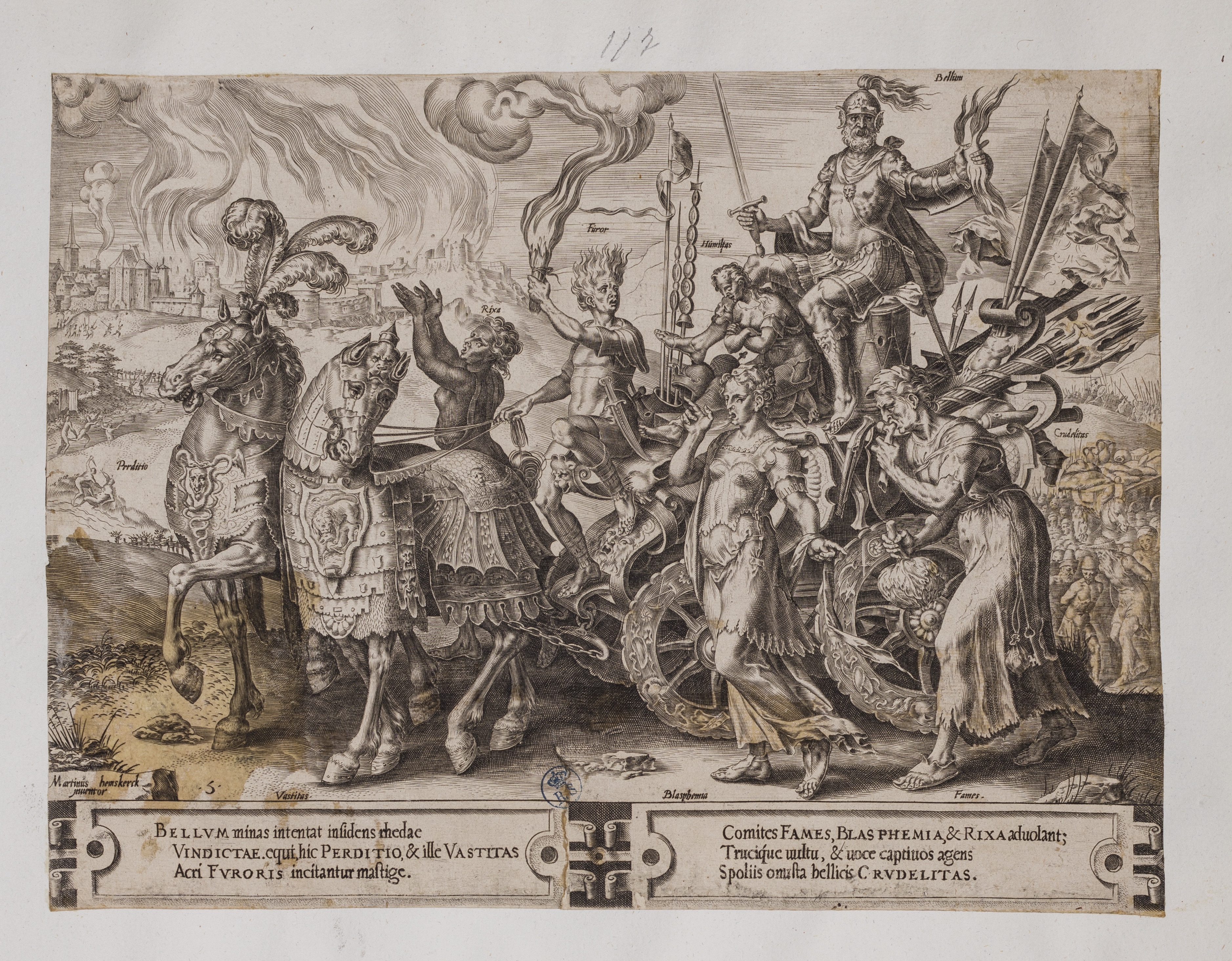 Trionfo della Guerra (stampa controfondata smarginata, serie) di Heemskerck Marten van, Cort Cornelis (attribuito) (seconda metà XVI)