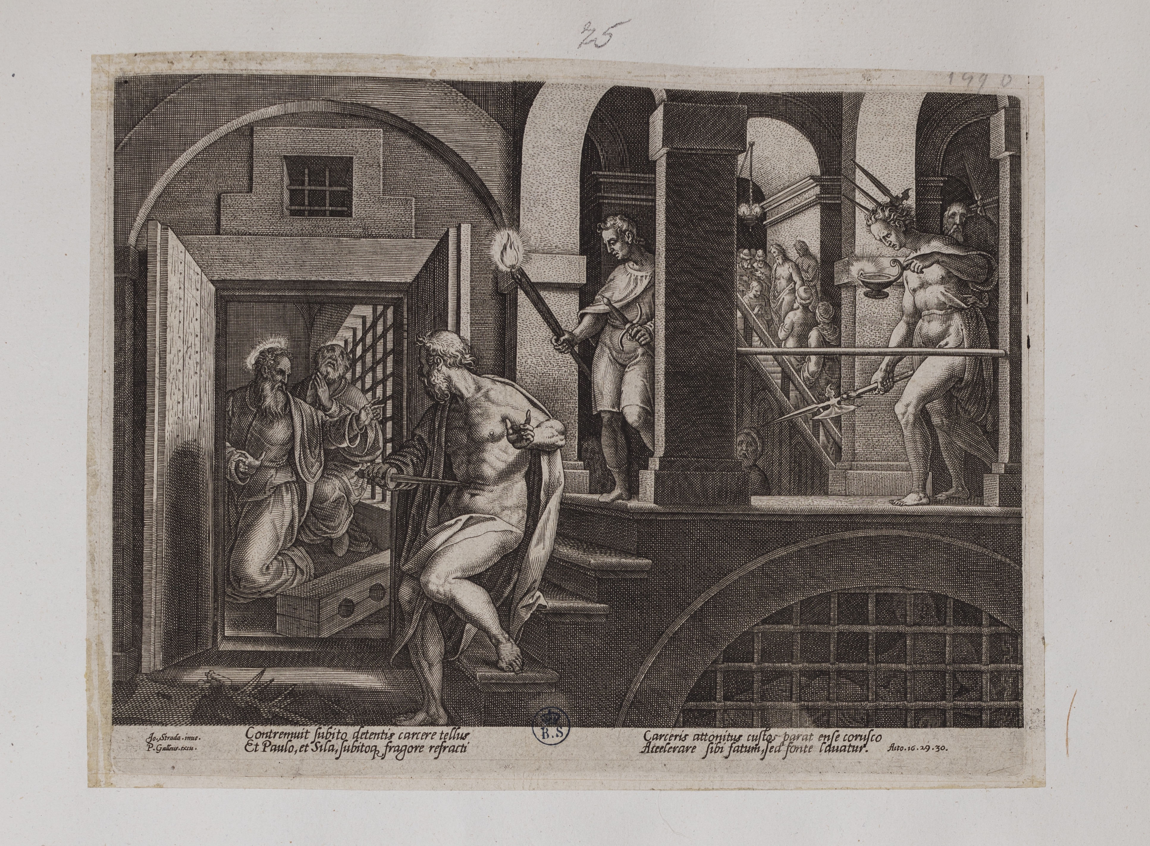 La conversione del carceriere a Filippi (stampa controfondata tagliata, serie) di Straet Jan van der detto Giovanni Stradano, Galle Philips (attribuito) (seconda metà sec. XVI)