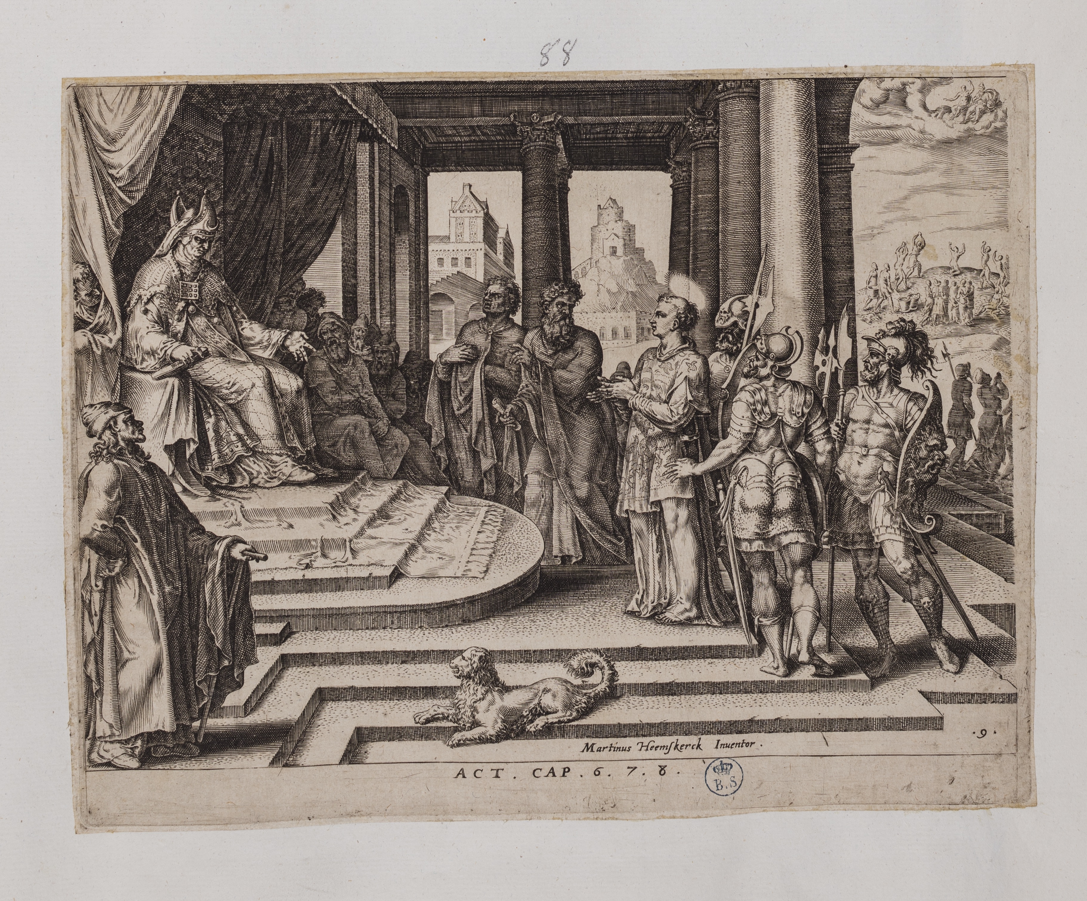 Santo Stefano davanti al sinedrio (stampa controfondata tagliata, serie) di Heemskerck Marten van, Galle Philips (attribuito) (seconda metà sec. XVI)