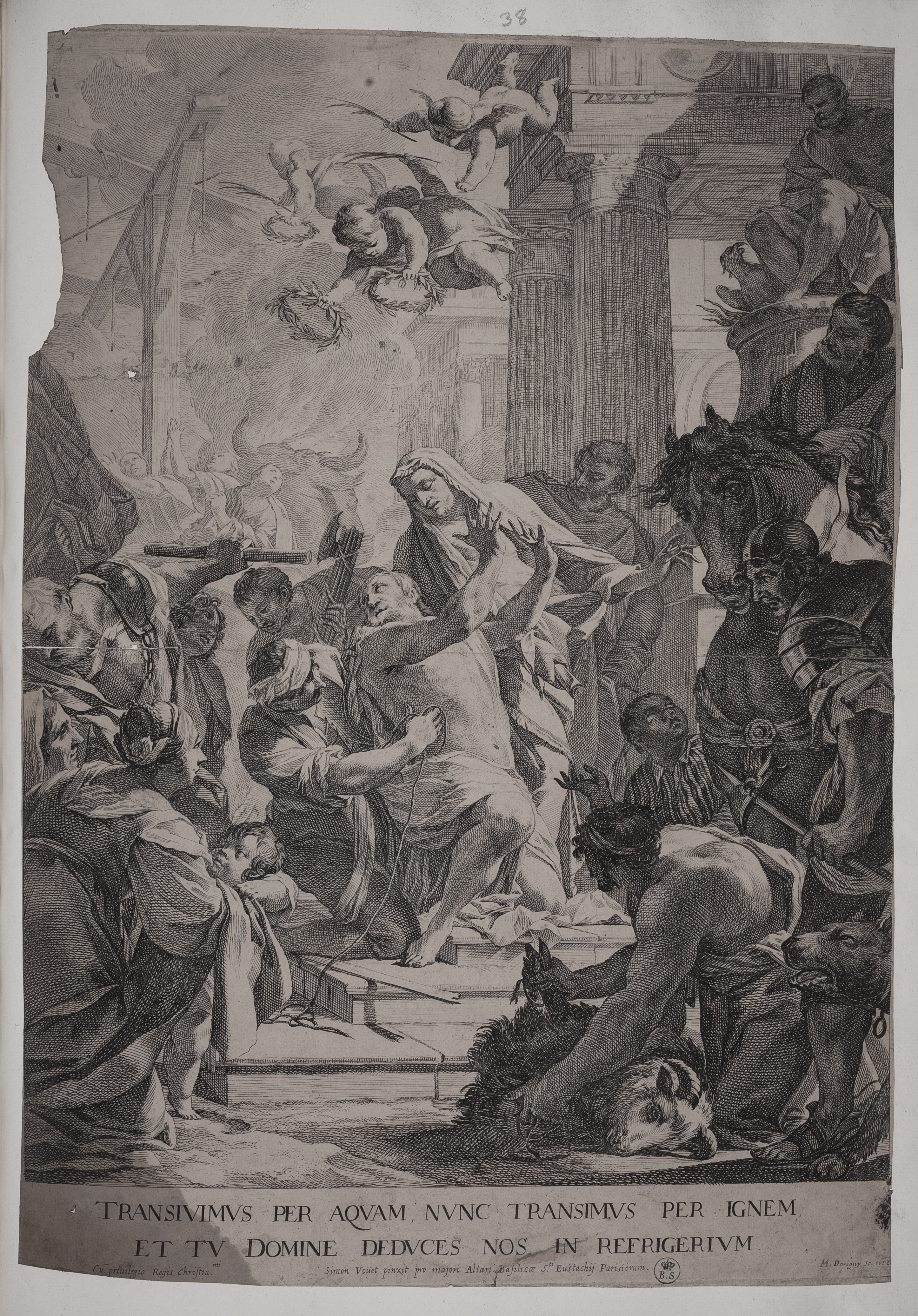 Martirio di Sant'Eustachio, Martirio di Sant'Eustachio (stampa controfondata smarginata tagliata) di Simon Vouet, Dorigny Michel (secondo quarto XVII)
