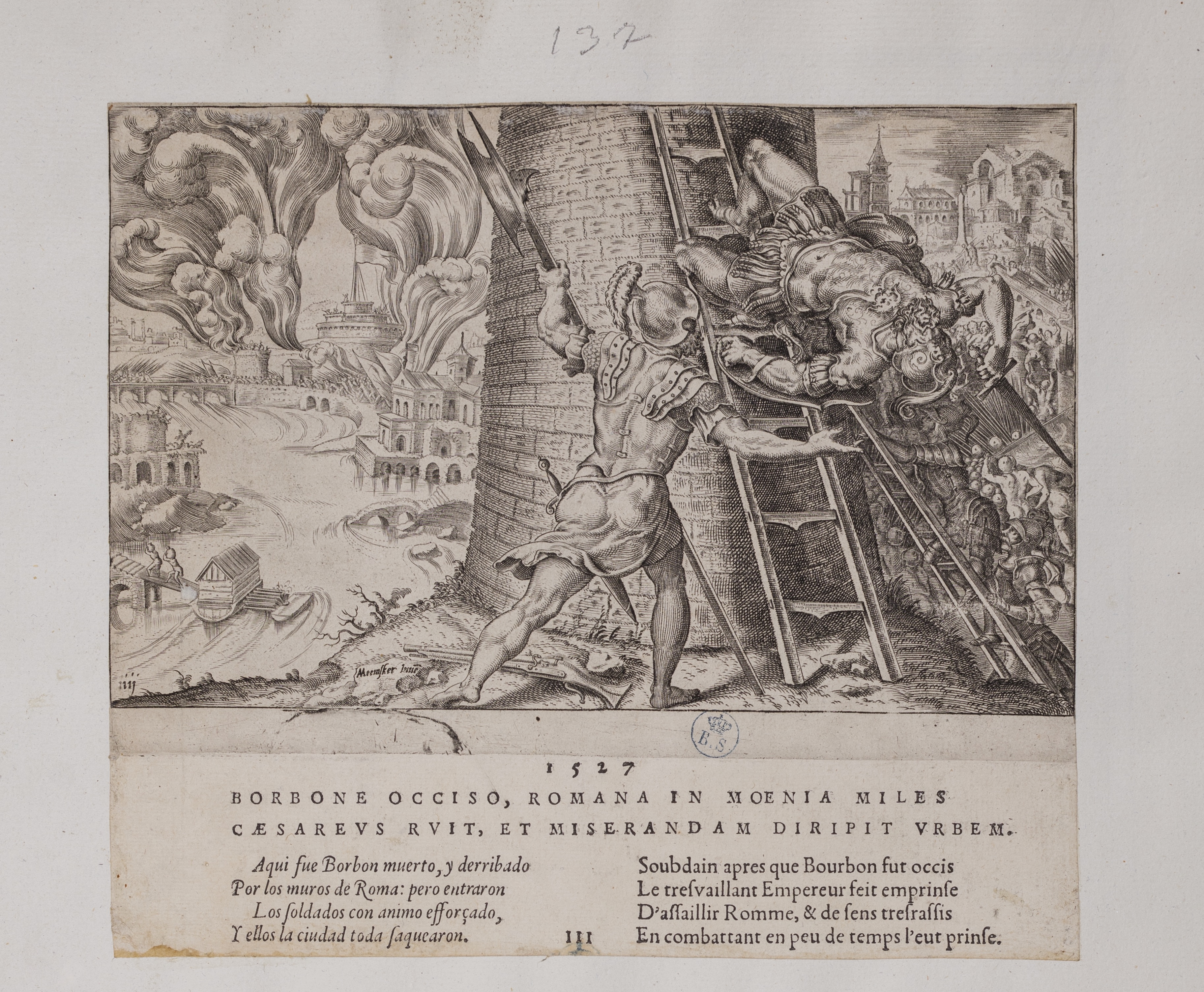 La morte di Carlo, duca di Borbone, e il Sacco di Roma (stampa controfondata smarginata tagliata, serie) di Heemskerck Marten van, Coornhert Dirck (seconda metà sec. XVI)