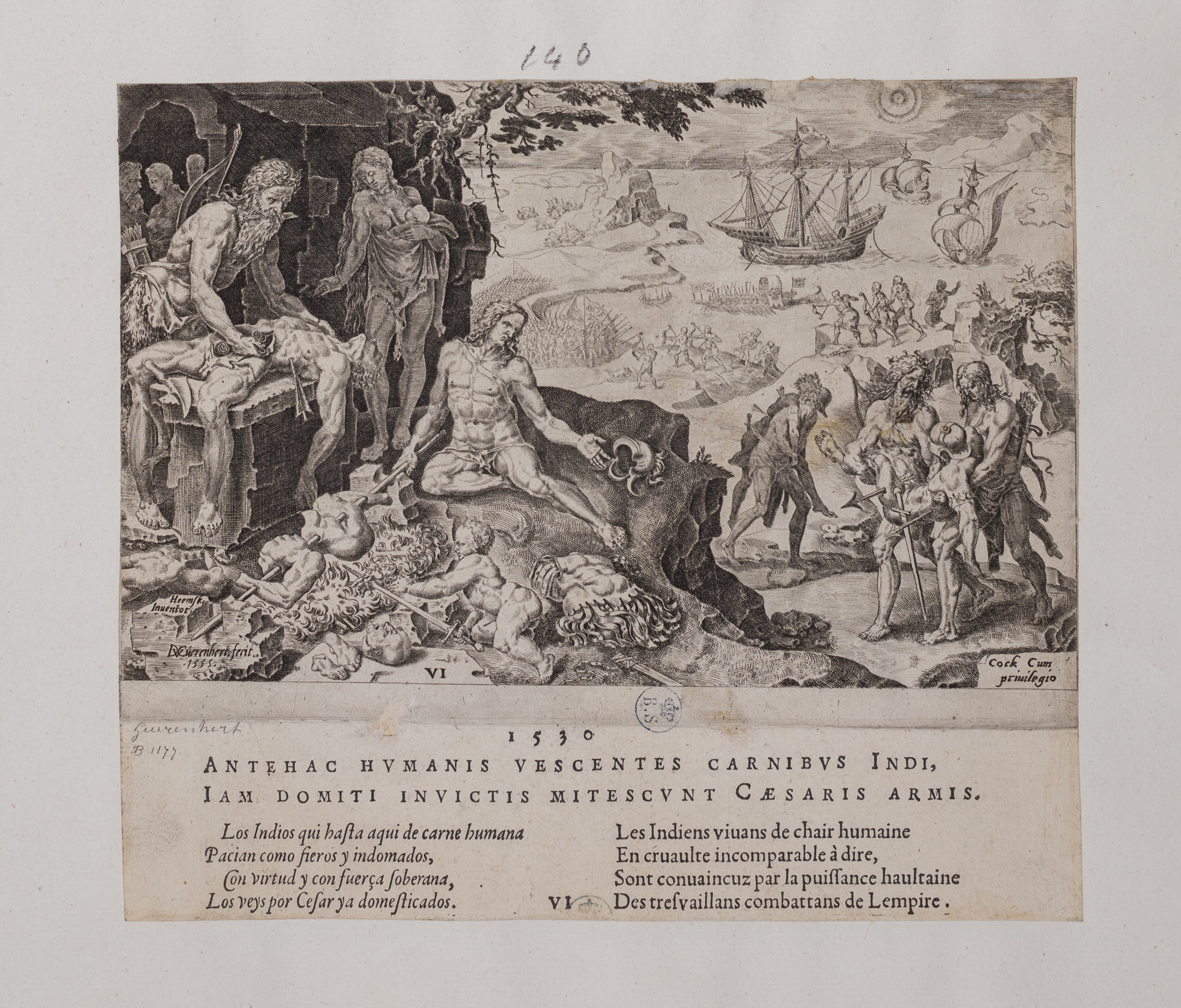 Le truppe imperiali portano la civiltà agli indiani (stampa controfondata smarginata tagliata, serie) di Heemskerck Marten van, Coornhert Dirck (seconda metà sec. XVI)