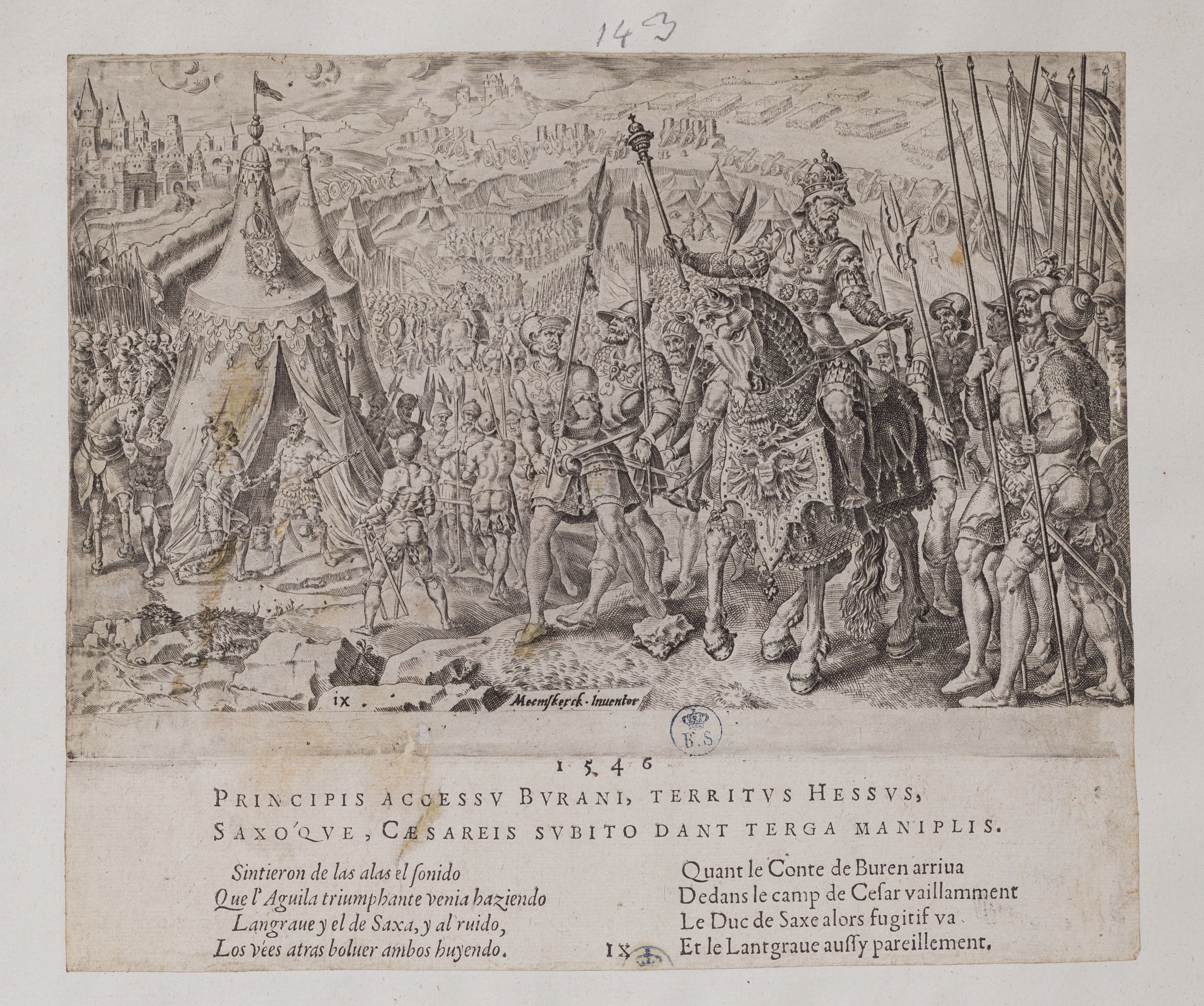 L'imperatore Carlo V ispeziona le sue truppe nei pressi di Ingolstadt (stampa controfondata smarginata tagliata, serie) di Heemskerck Marten van, Coornhert Dirck (seconda metà sec. XVI)