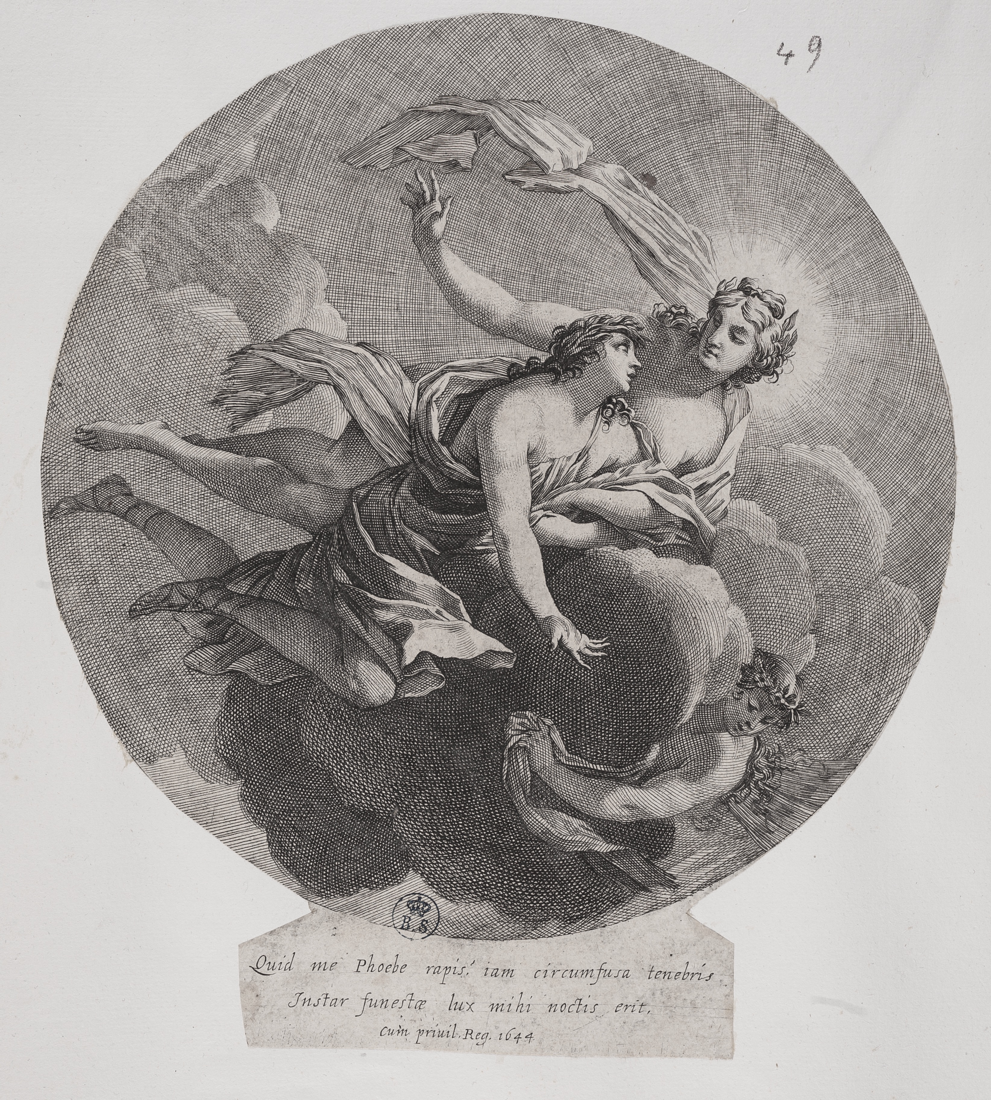 Febe (Apollo e Febe), Febe (stampa controfondata smarginata tagliata, serie) di Simon Vouet (attribuito), Dorigny Michel (attribuito) (secondo quarto XVII)