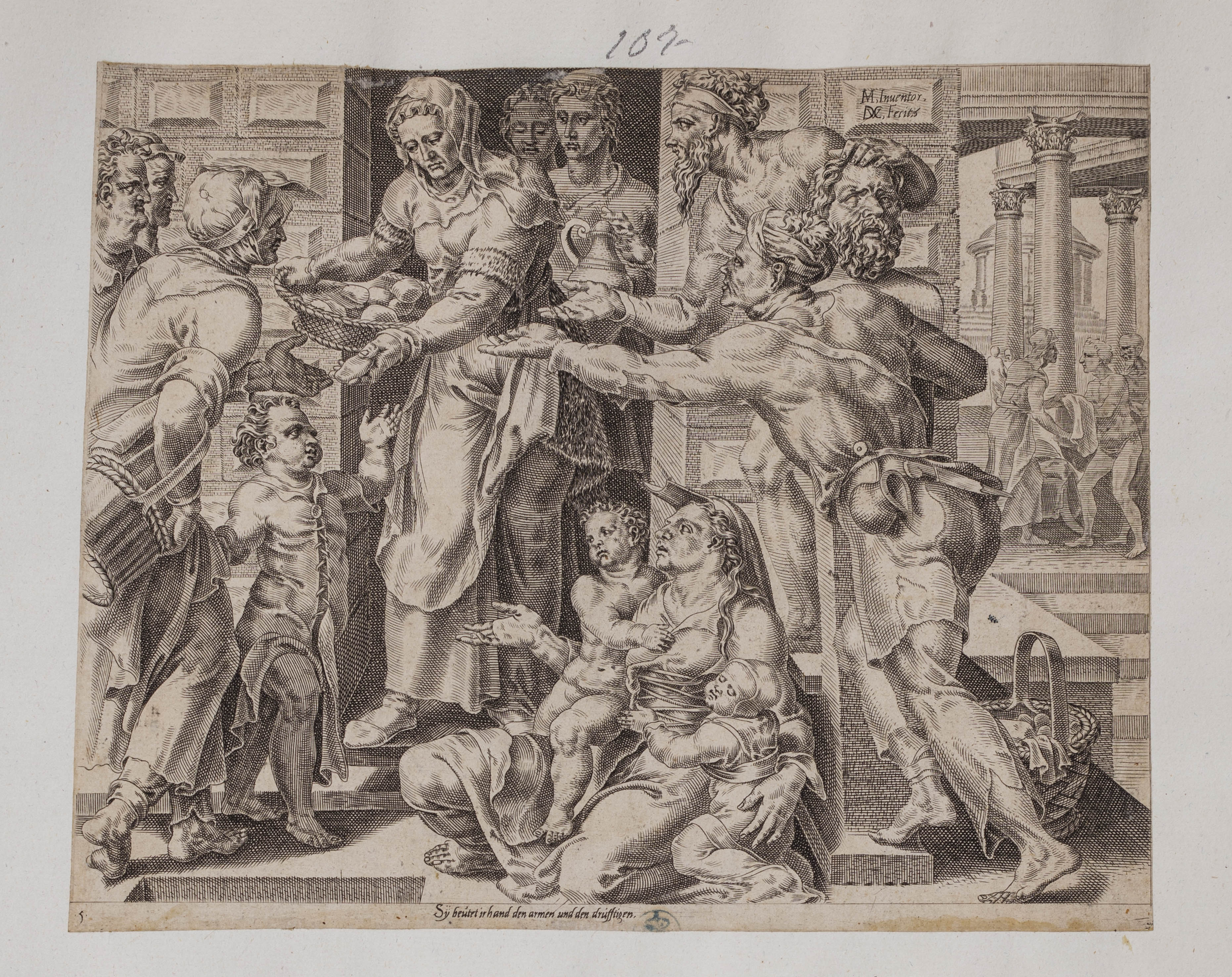 La moglie virtuosa offre il cibo ai poveri (stampa controfondata smarginata tagliata) di Heemskerck Marten van, Coornhert Dirck (terzo quarto XVI)