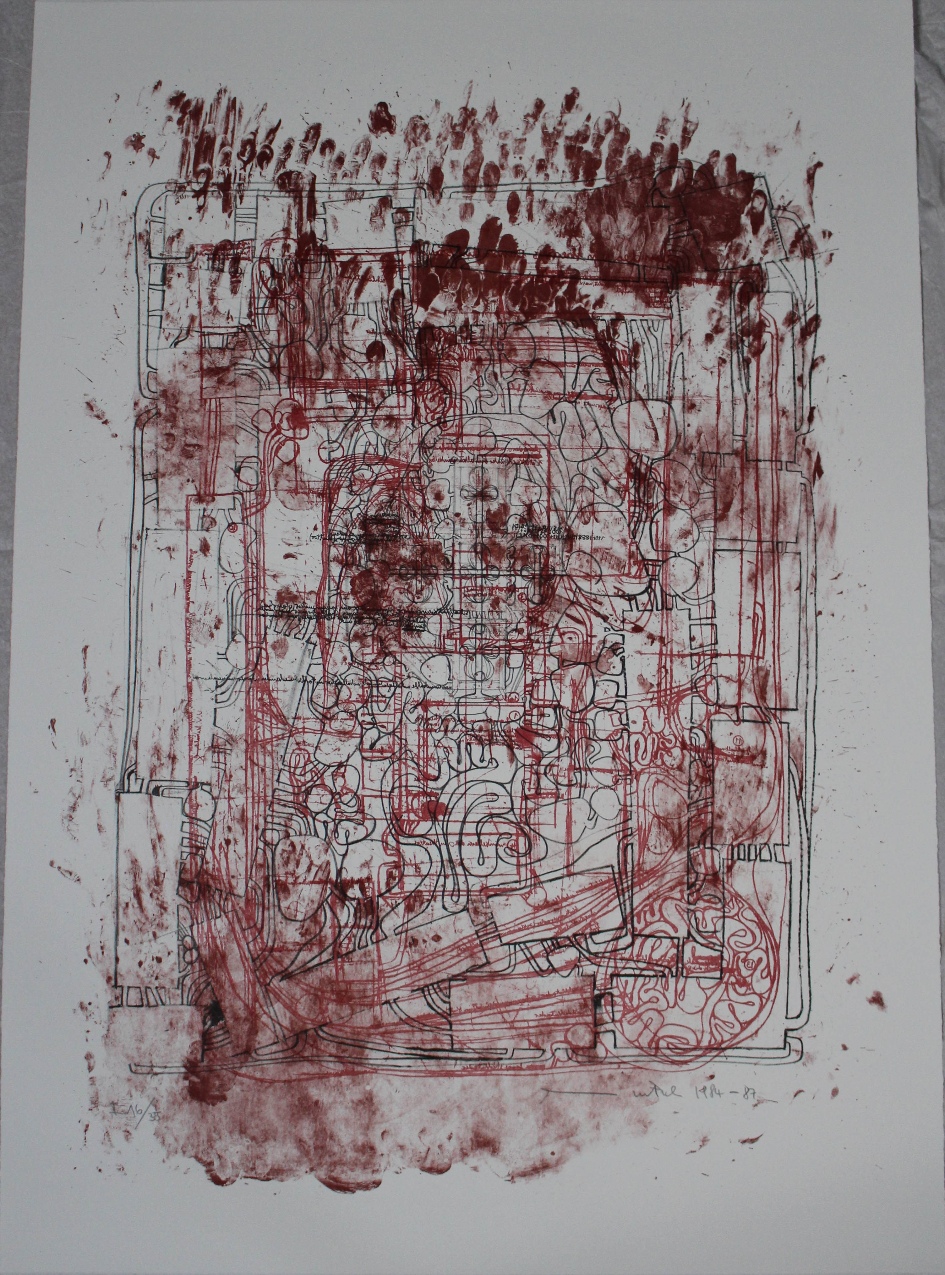 (Portfolio I n.29) Litograph in black, burgundy and "caput mortuum" (oniro red), Corpo umano (stampa) di Hermann Nitsch - ambito viennese (XX sec)