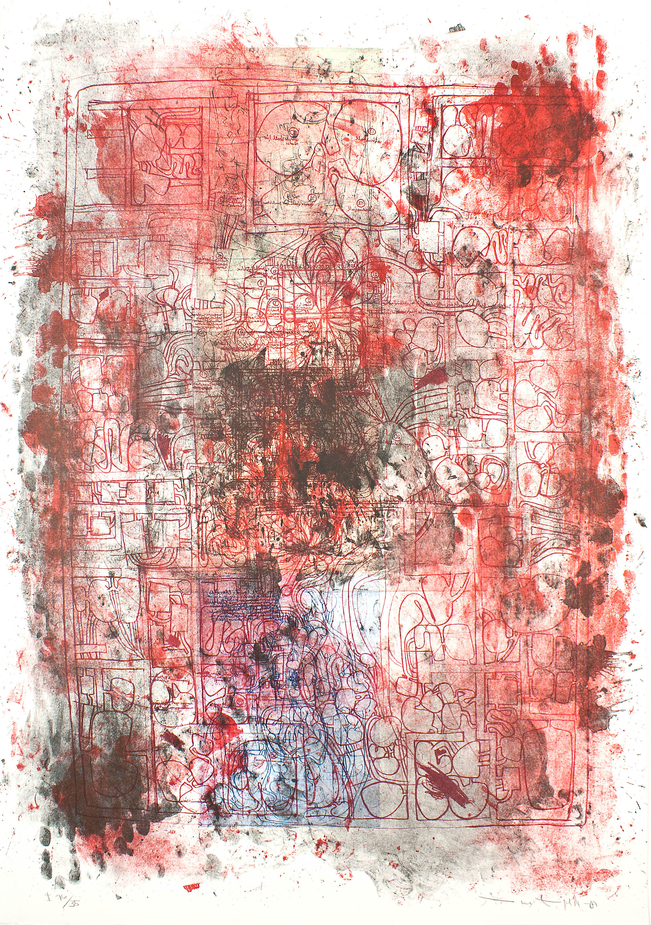 (Portfolio I n.36) Litograph in black, red and Borgogna, etching in black, red, green and blue, Corpo umano (stampa) di Hermann Nitsch - ambito viennese (XX sec)