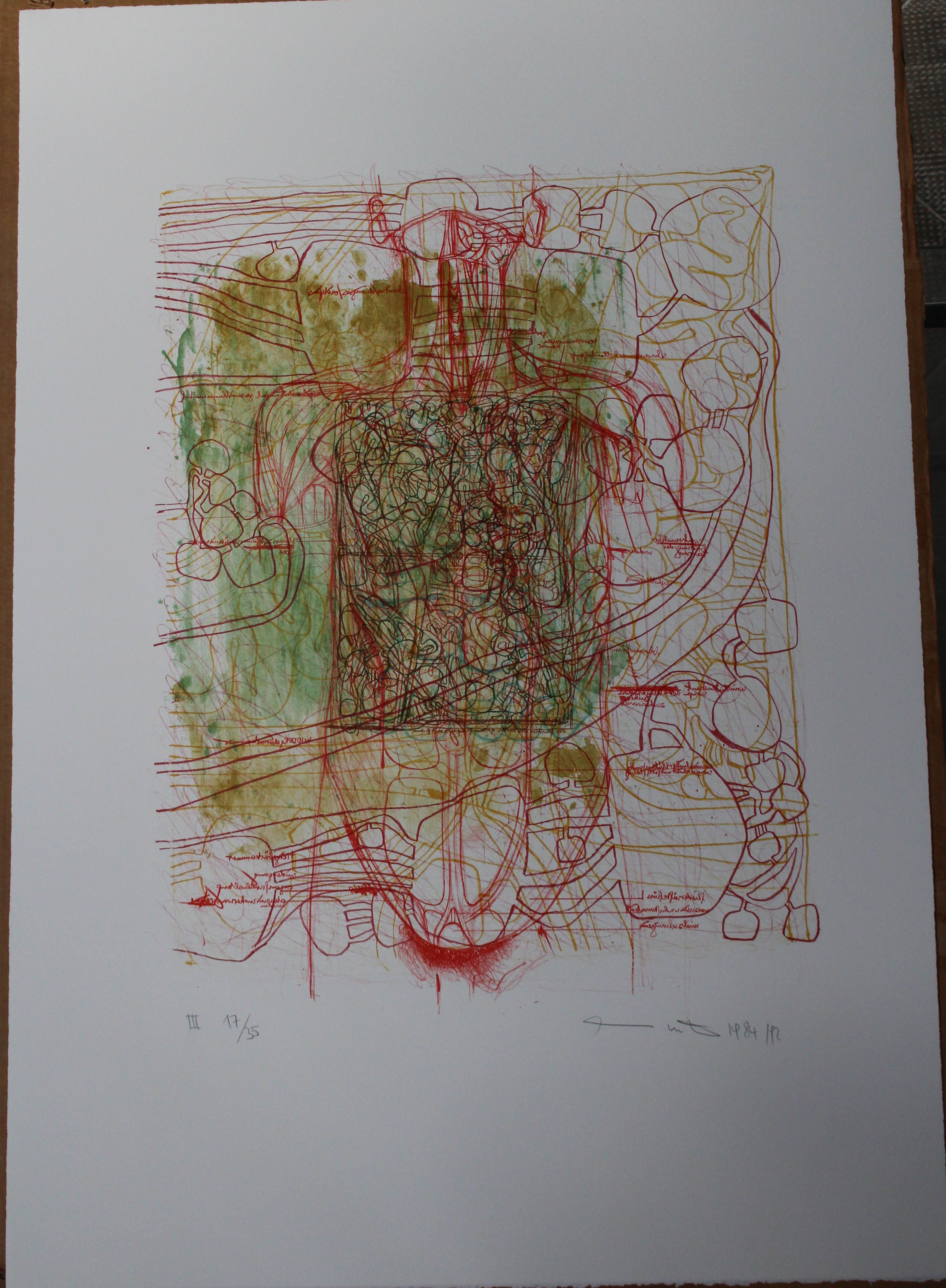 (Portfolio III n.23) Litograph in red, burgundy, yellow, light olive green, brown, light green, dark green and light blue, corpo umano (stampa) di Hermann Nitsch - ambito viennese (XX sec)