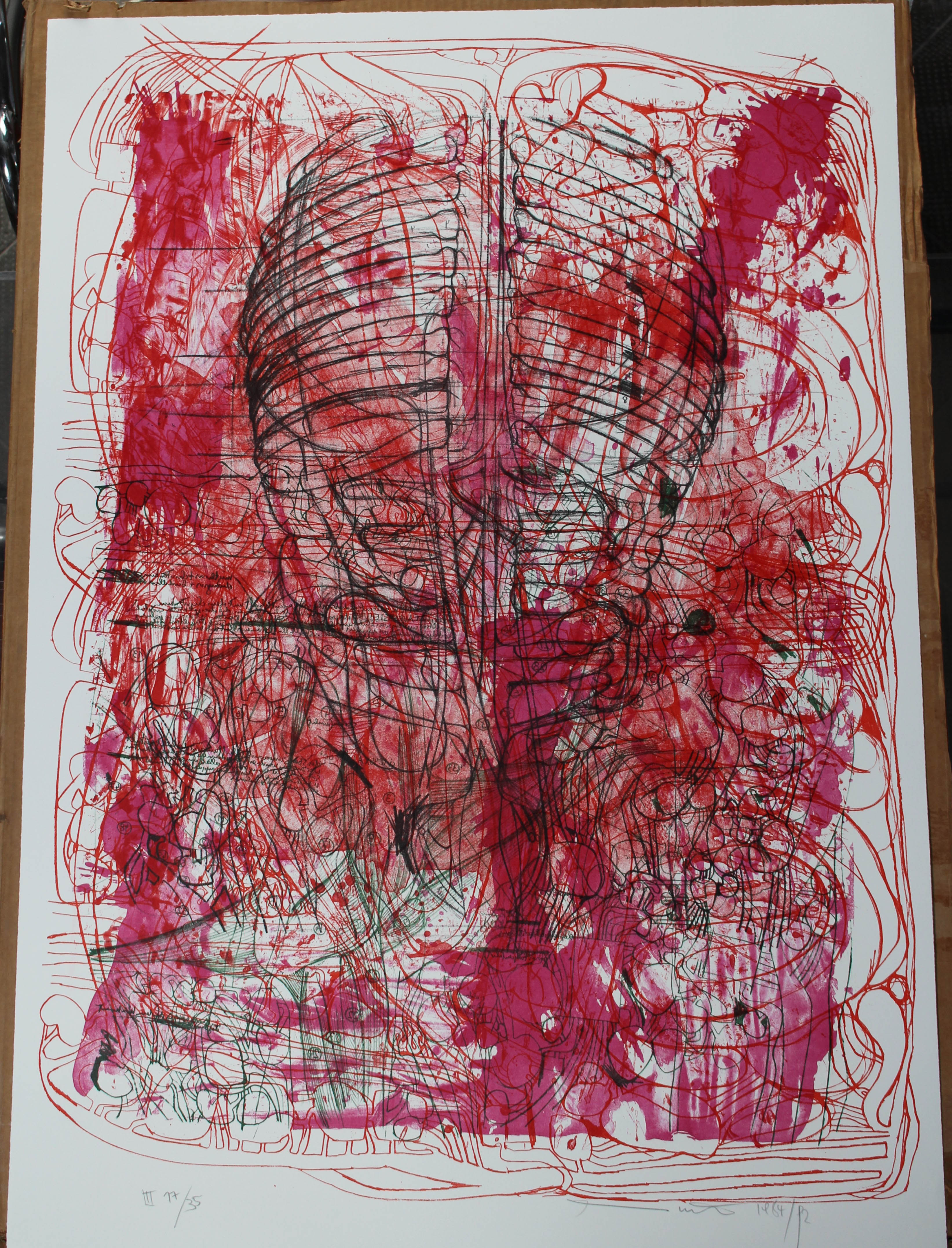 (Portfolio III n.31) Litograph in black, green, violet-red, burgundy and two shades of red, corpo umano (stampa) di Hermann Nitsch - ambito viennese (XX sec)