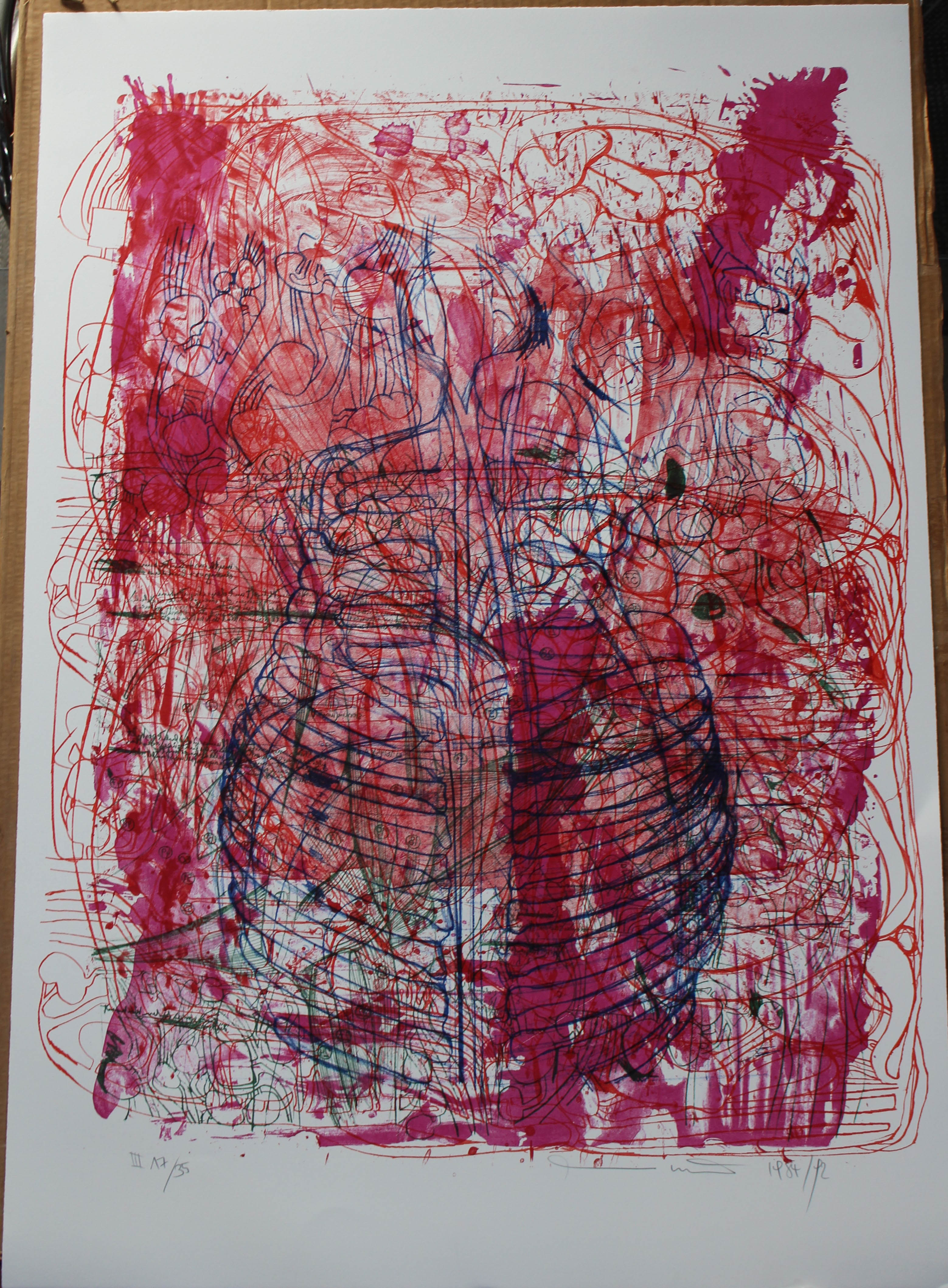 (Portfolio III n.35) Litograph in blue, green, violet-red, burgundy and two shades of red, corpo umano (stampa) di Hermann Nitsch - ambito viennese (XX sec)