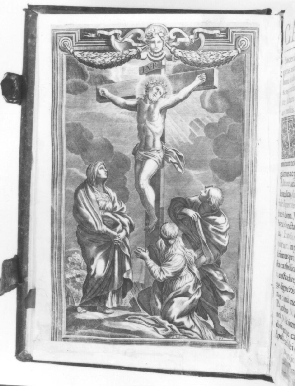 Cristo crocifisso con la Madonna, Santa Maria Maddalena e San Giovanni Evangelista (stampa) di Heylbrouck Michael (sec. XVIII)