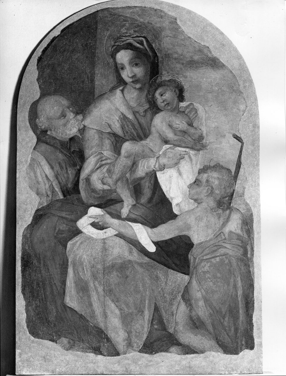 Sacra Famiglia con San Giovanni Battista bambino (dipinto murale staccato) - ambito toscano (sec. XVI)