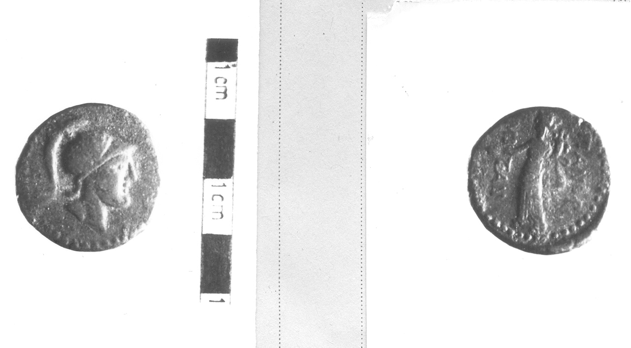 Testa di Ares / Figura femminile con cornucopia e patera (moneta, nominale incerto) (III sec. a.C)
