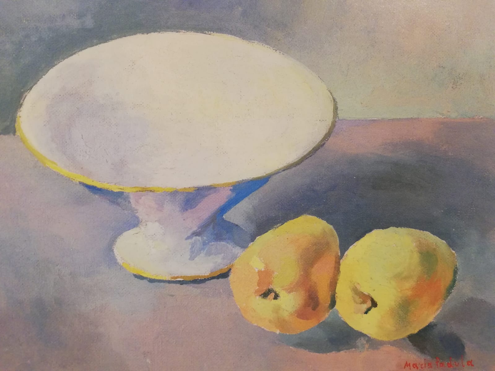 Natura morta con mele gialle, Natura morta (dipinto, opera isolata) di Padula, Maria (attribuito) - ambito toscano (terzo quarto XX)