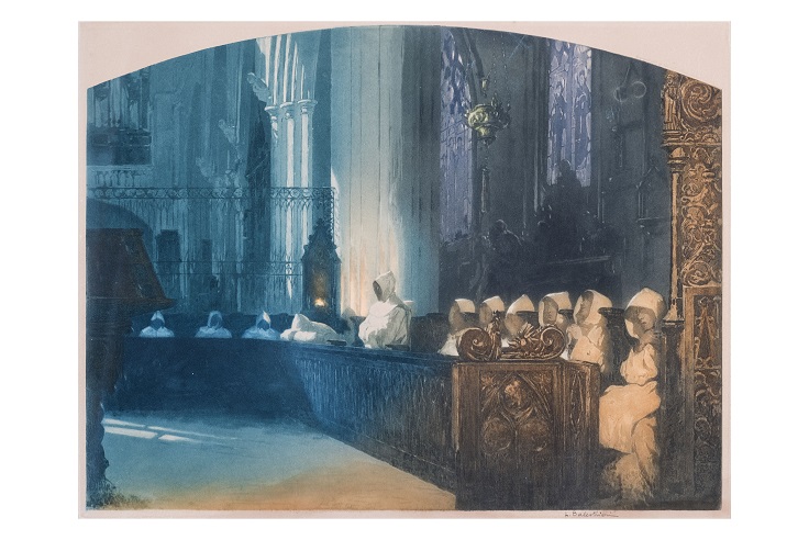 Mattutino, Interno di chiesa (dipinto, opera isolata) di Balestrieri, Lionello (attribuito) - ambito Italia meridionale (prima metà XX)