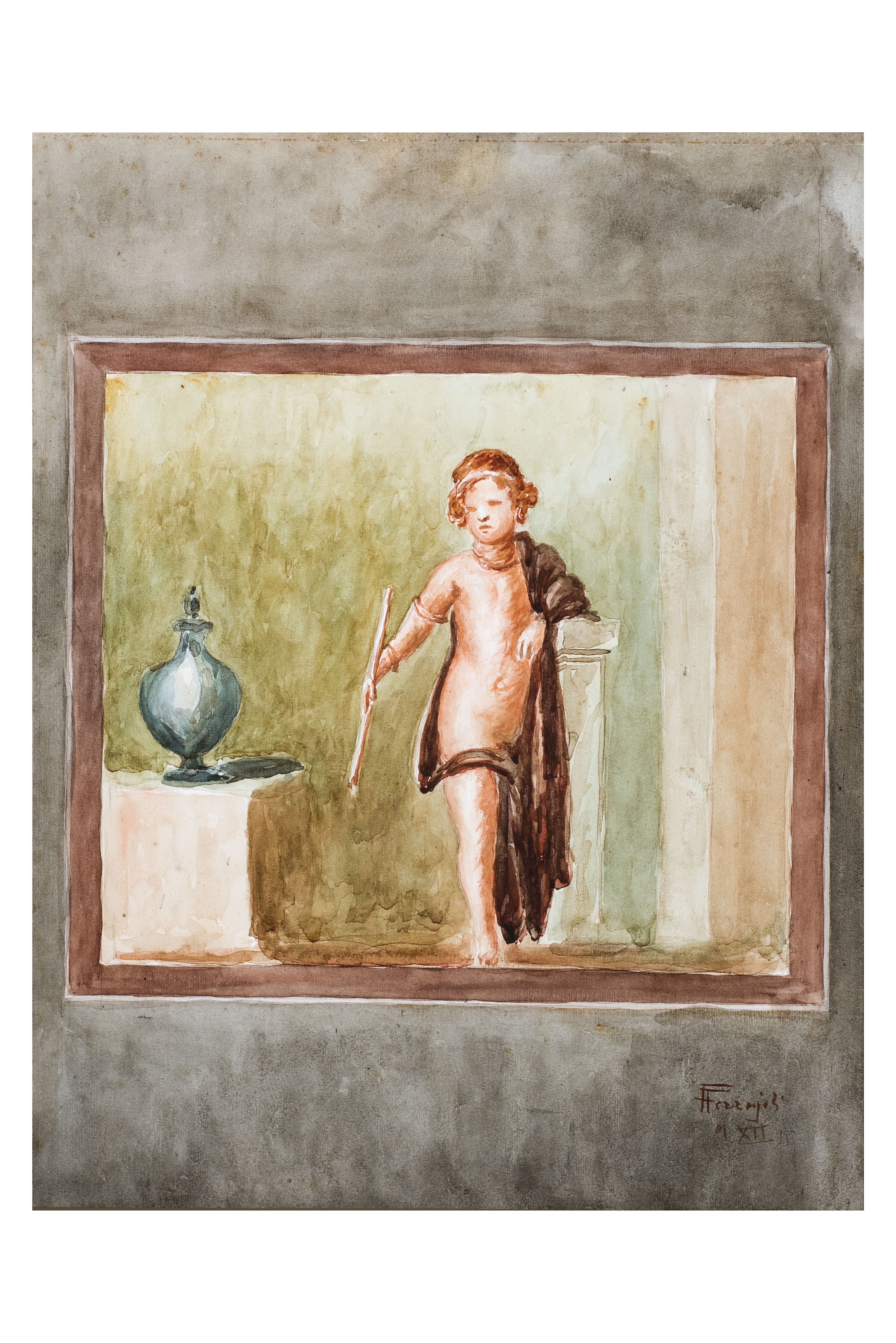Adolescente in riposo con vaso di rbonzo, Scena pompeiana (dipinto, opera isolata) di Ferrajoli, Ferdinando (attribuito) (prima metà XX)