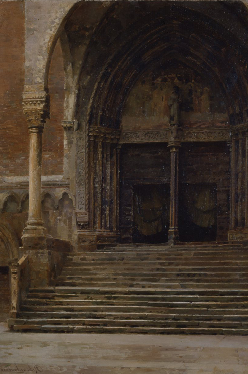 Sagrato di una chiesa, Facciata di chiesa (dipinto, opera isolata) di Santoro, Rubens (attribuito) (prima metà XX)