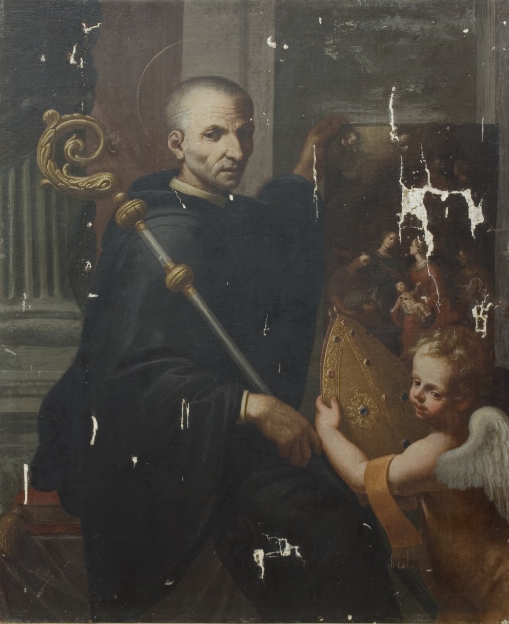 Santo vescovo con angelo (dipinto) - ambito italiano (metà sec. XVII)