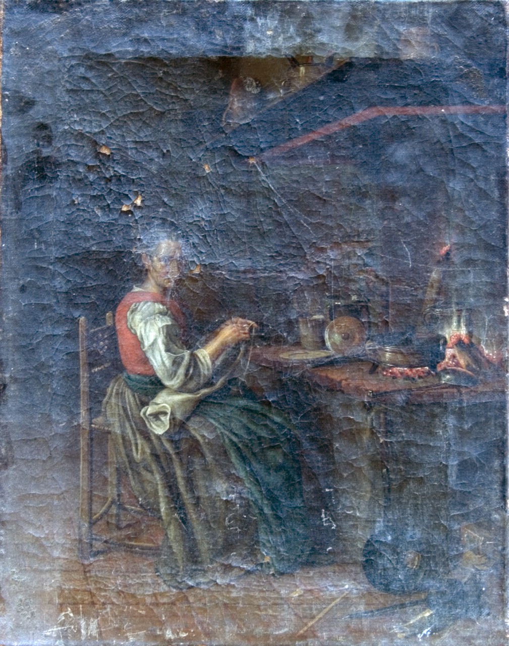 donna che lavora in cucina (dipinto) - ambito fiammingo (fine sec. XVII)