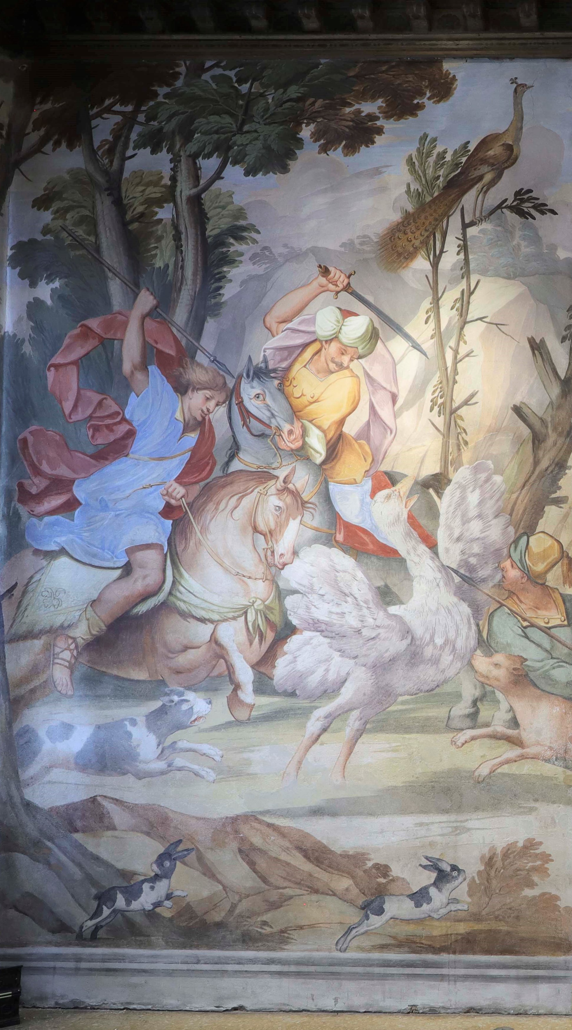 Caccia allo struzzo, scena di caccia (dipinto, elemento d'insieme) di Primon, Michele (attribuito) - ambito veneto (ultimo quarto XVII)