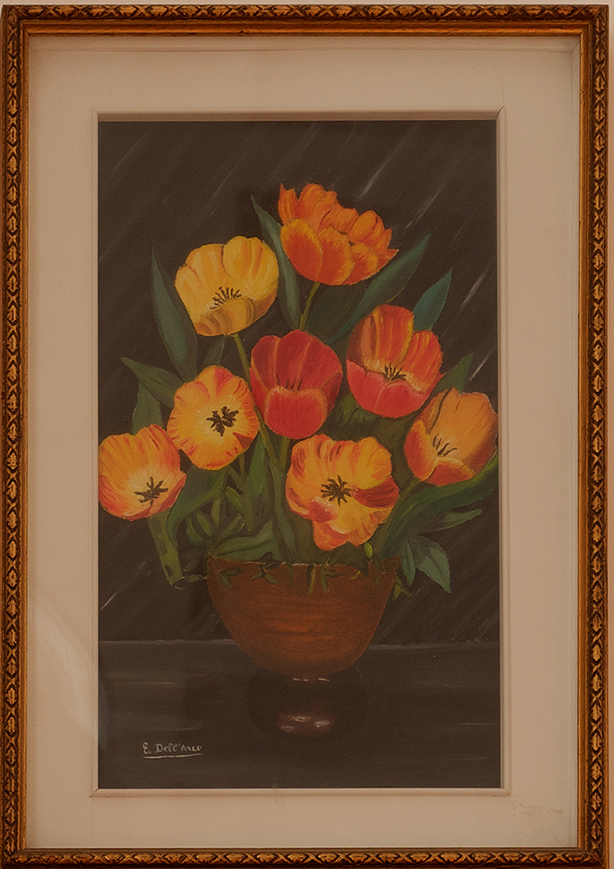 Vaso con tulipani, Vaso con tulipani (dipinto) di Dell'Arco E (sec. XX)