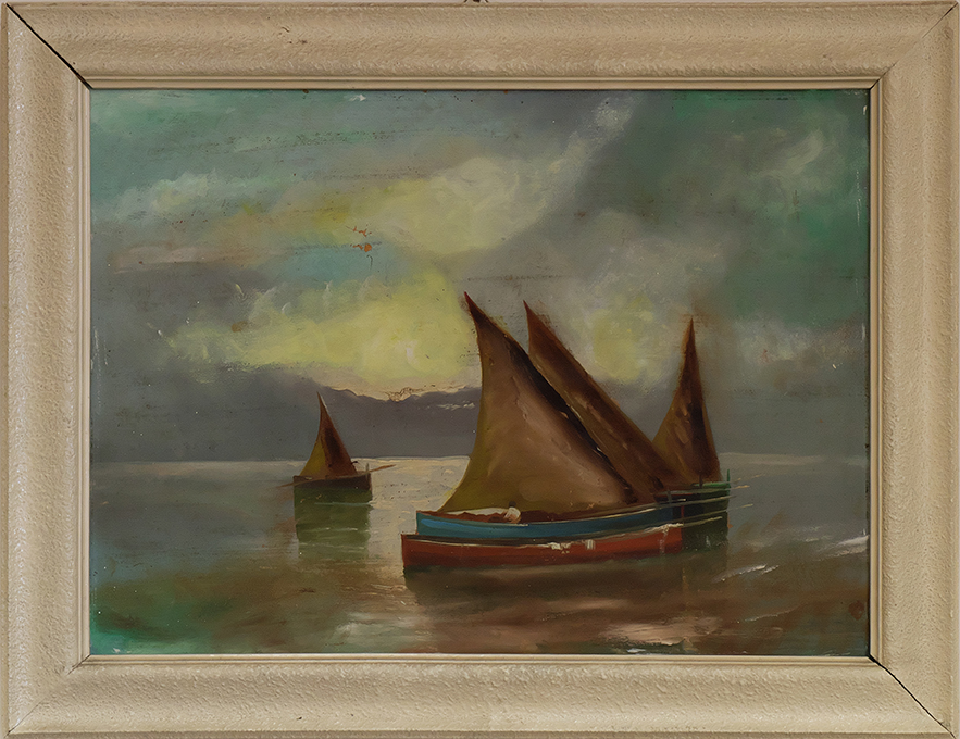 Barche in mare (dipinto) - ambito italiano (metà sec. XX)