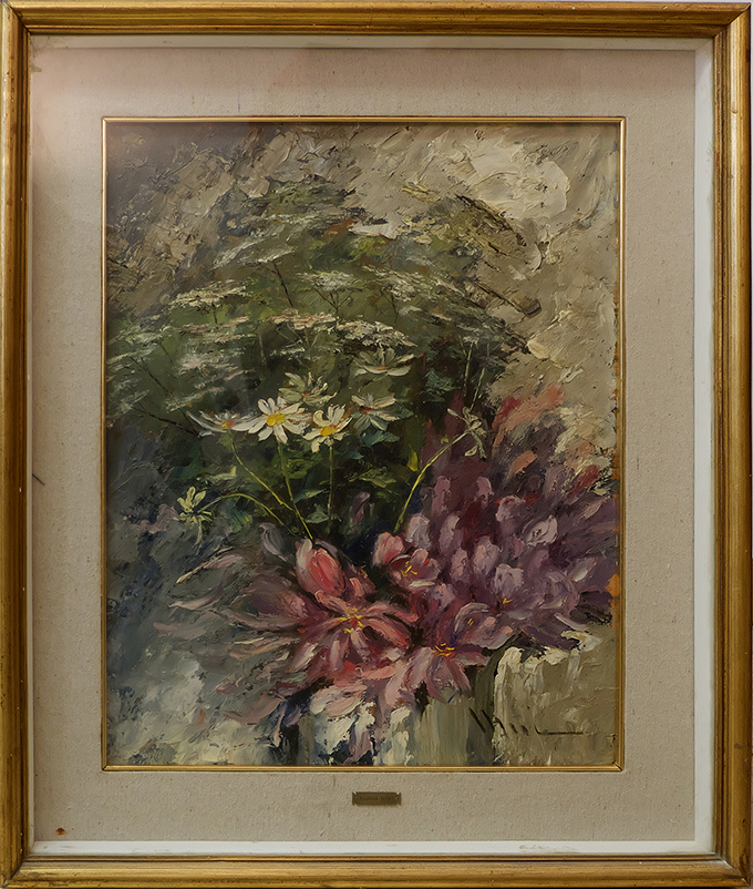 Colchici d'autunno, Vaso con fiori (dipinto) di Nini Maria (sec. XX)