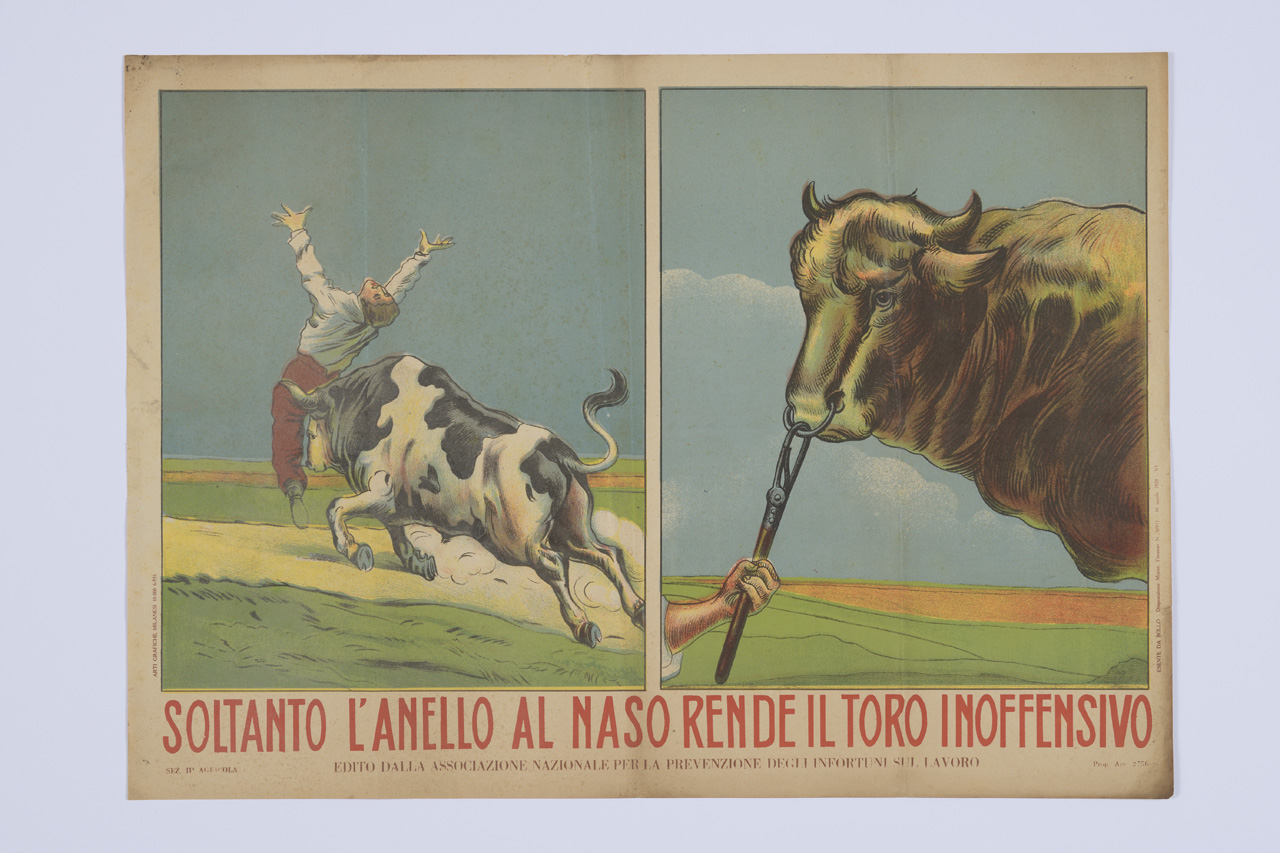 Soltanto l'anello al naso rende il toro inoffensivo, Toro incorna un contadino e toro con anello al naso (manifesto) - ambito italiano (XX)