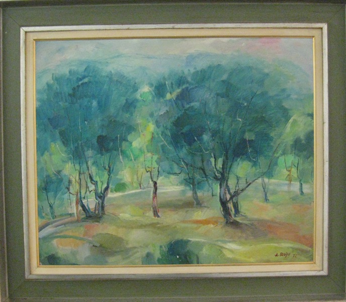 Ulivi a Badde Manna, Paesaggio con alberi (dipinto) di Ruyu Antonio (XX)