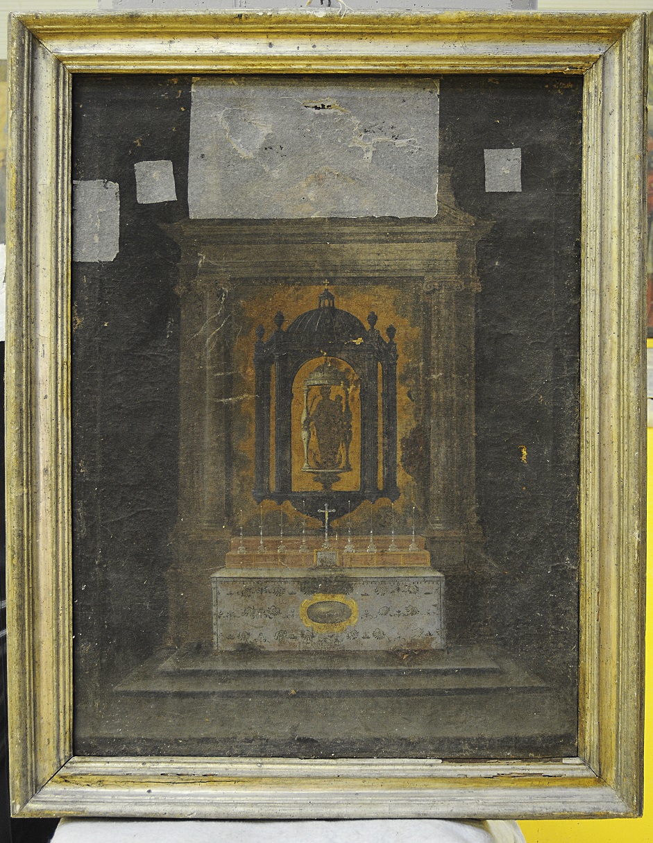Altare e mostra d'altare con dipinto raffigurante Madonna del Carmine entro una sorta di ciborio (dipinto, opera isolata) - bottega Italia centrale (prima metà XVIII)
