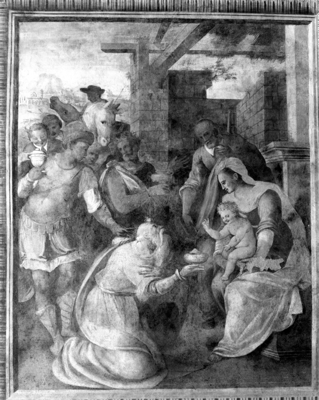 adorazione dei Re Magi (dipinto murale) - ambito fiorentino (fine/ inizio secc. XVI/ XVII)