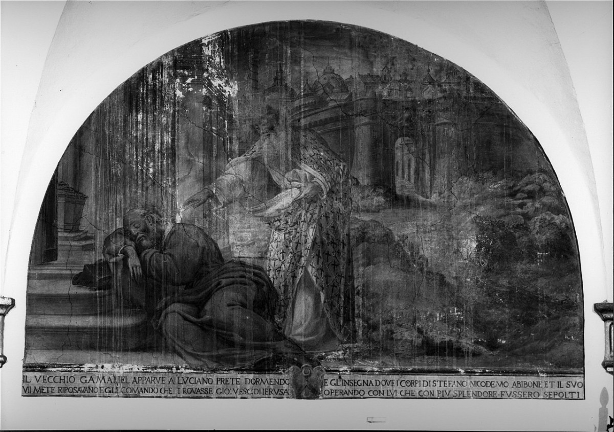 apparizione in sogno a Luciano di Gamaliele che lo esorta a seppellire Stefano con più onore (dipinto murale) di Pugliani Domenico (bottega) (sec. XVII)