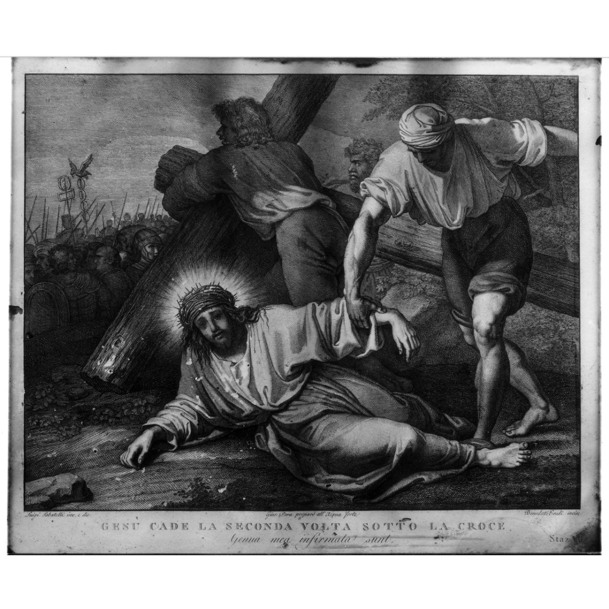 stazione VII: Gesù cade sotto la croce la seconda volta (stampa) di Sabatelli Luigi, Eredi Benedetto (fine/ inizio secc. XVIII/ XIX)