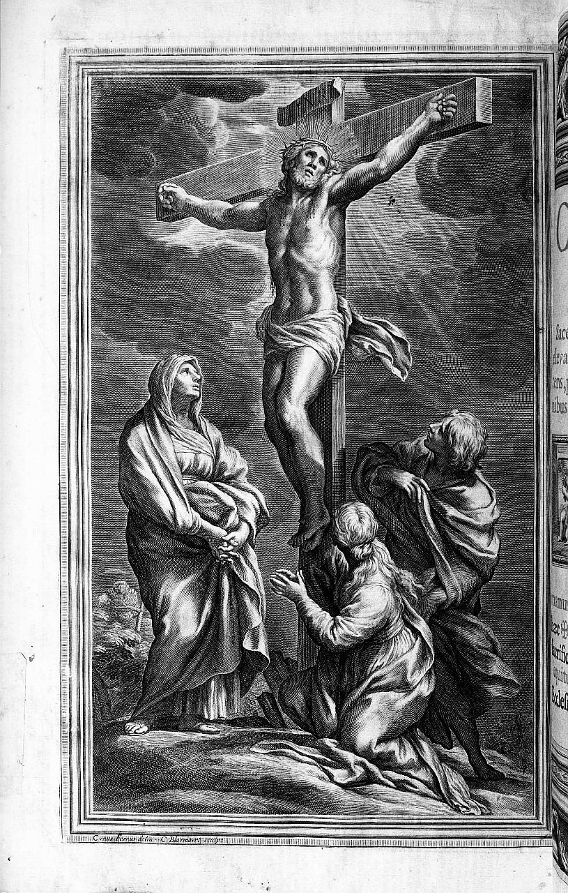 Cristo crocifisso con la Madonna, Santa Maria Maddalena, San Giovanni evangelista (stampa) di Bloemaert Cornelis, Ferri Ciro (sec. XVII)