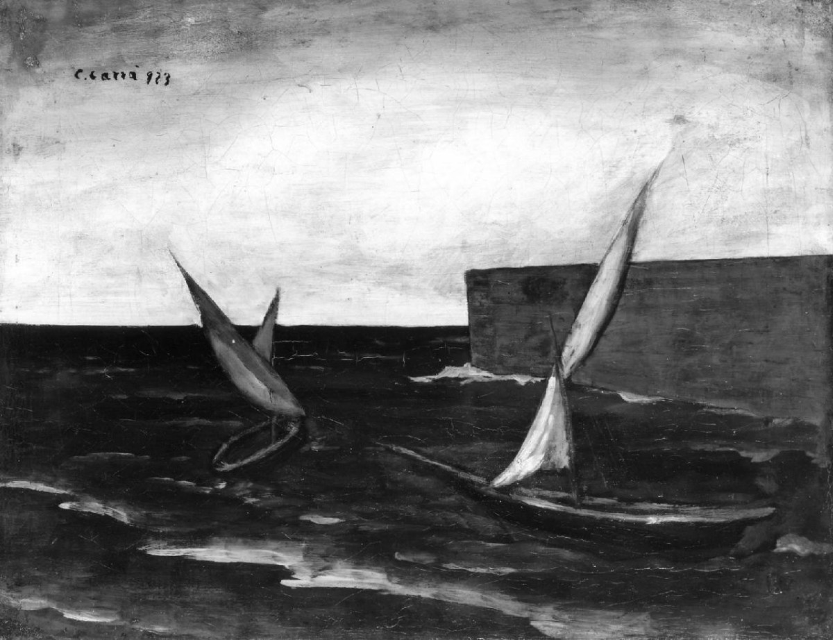 Vele nel porto, paesaggio marino (dipinto) di CarrÃ  Carlo (primo quarto sec. XX)